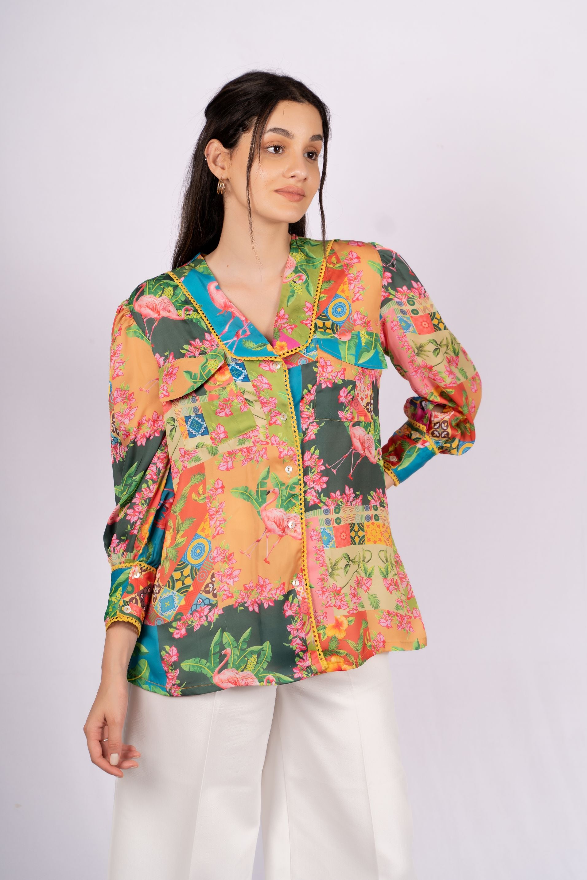 Cara Botanical Patch Print Satin Shirt