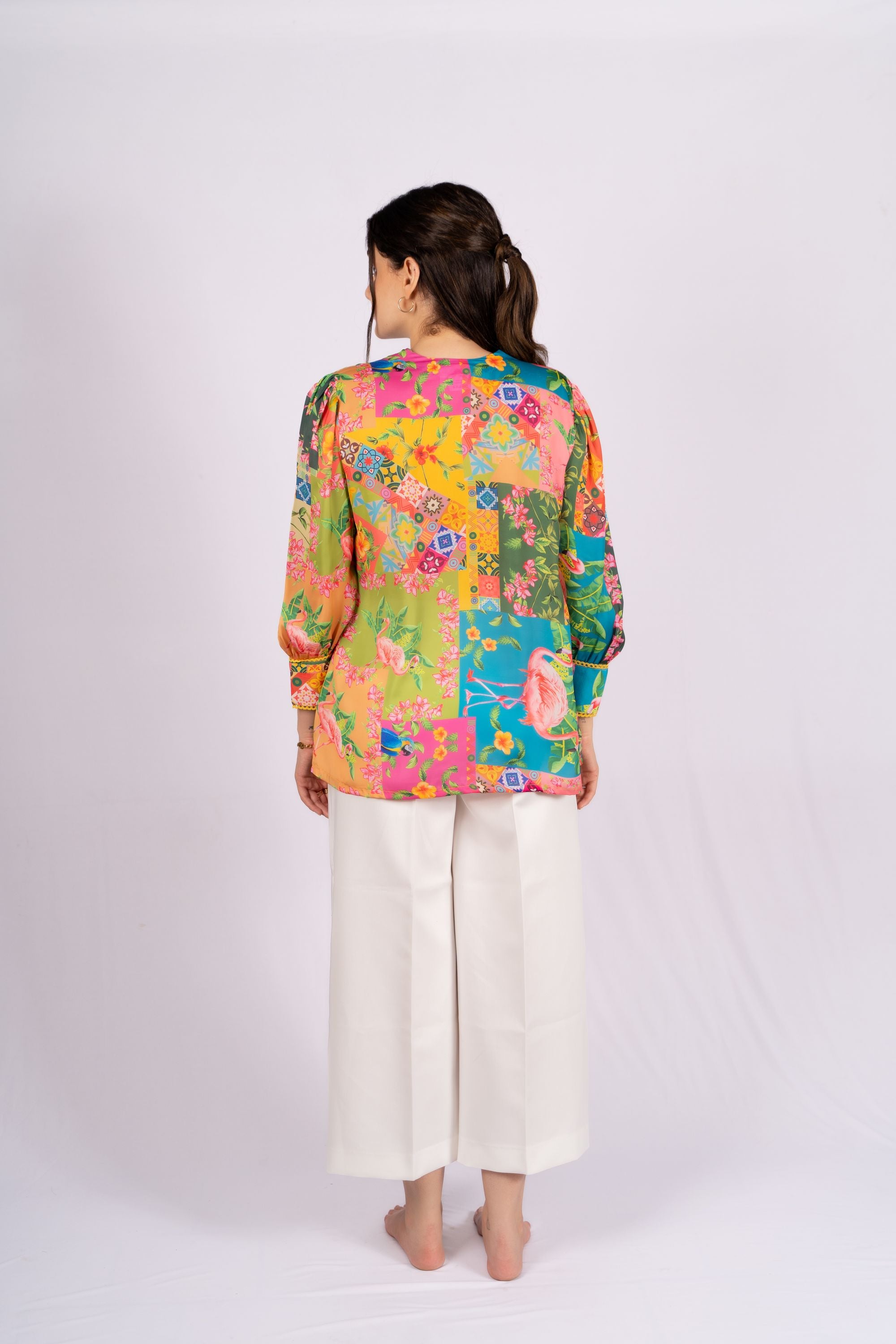 Cara Botanical Patch Print Satin Shirt