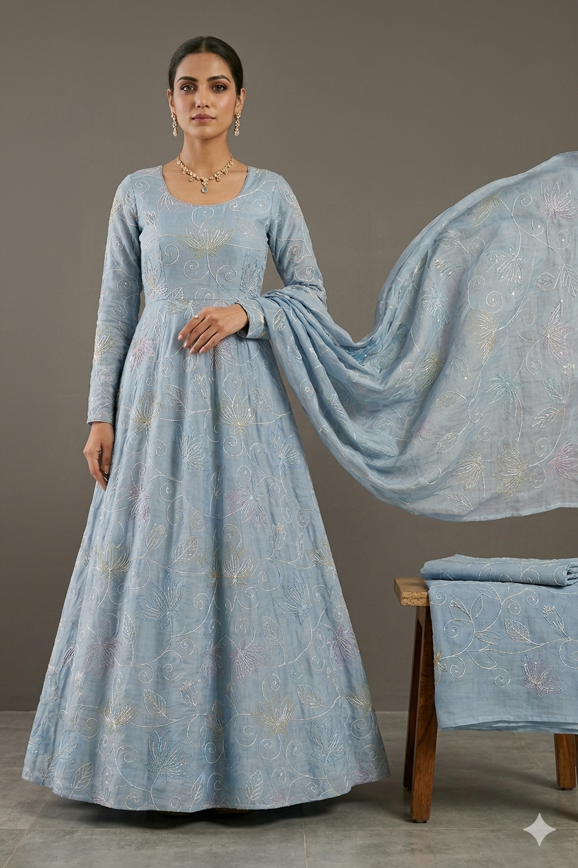Beautiful Multi Thread With Sequins Floral Leafy Embroidery Work On Pastel Blue Pure Mul Chanderi Silk Fabric