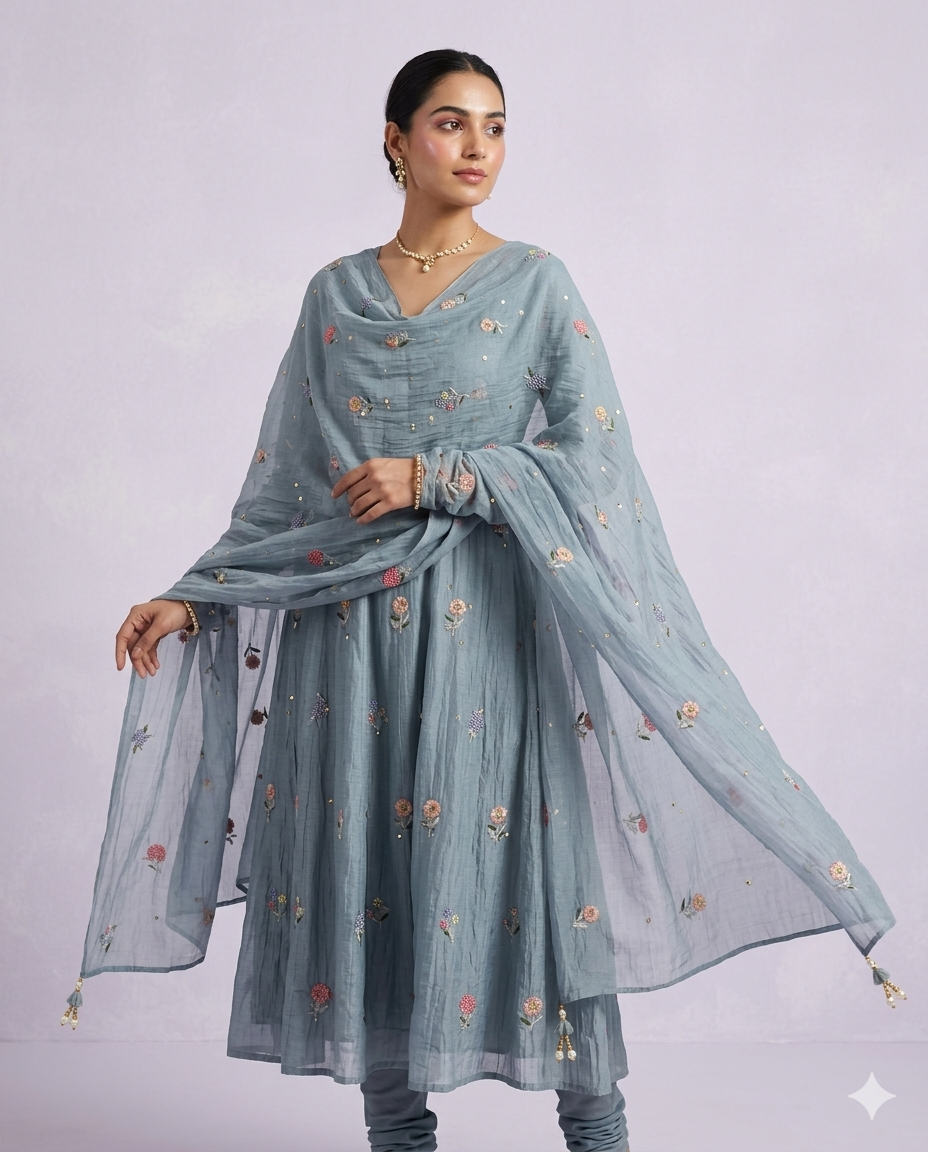 Beautiful Multi Thread Floral Embroidery Work On Tempered Grey Pure Mul Chanderi Silk Fabric