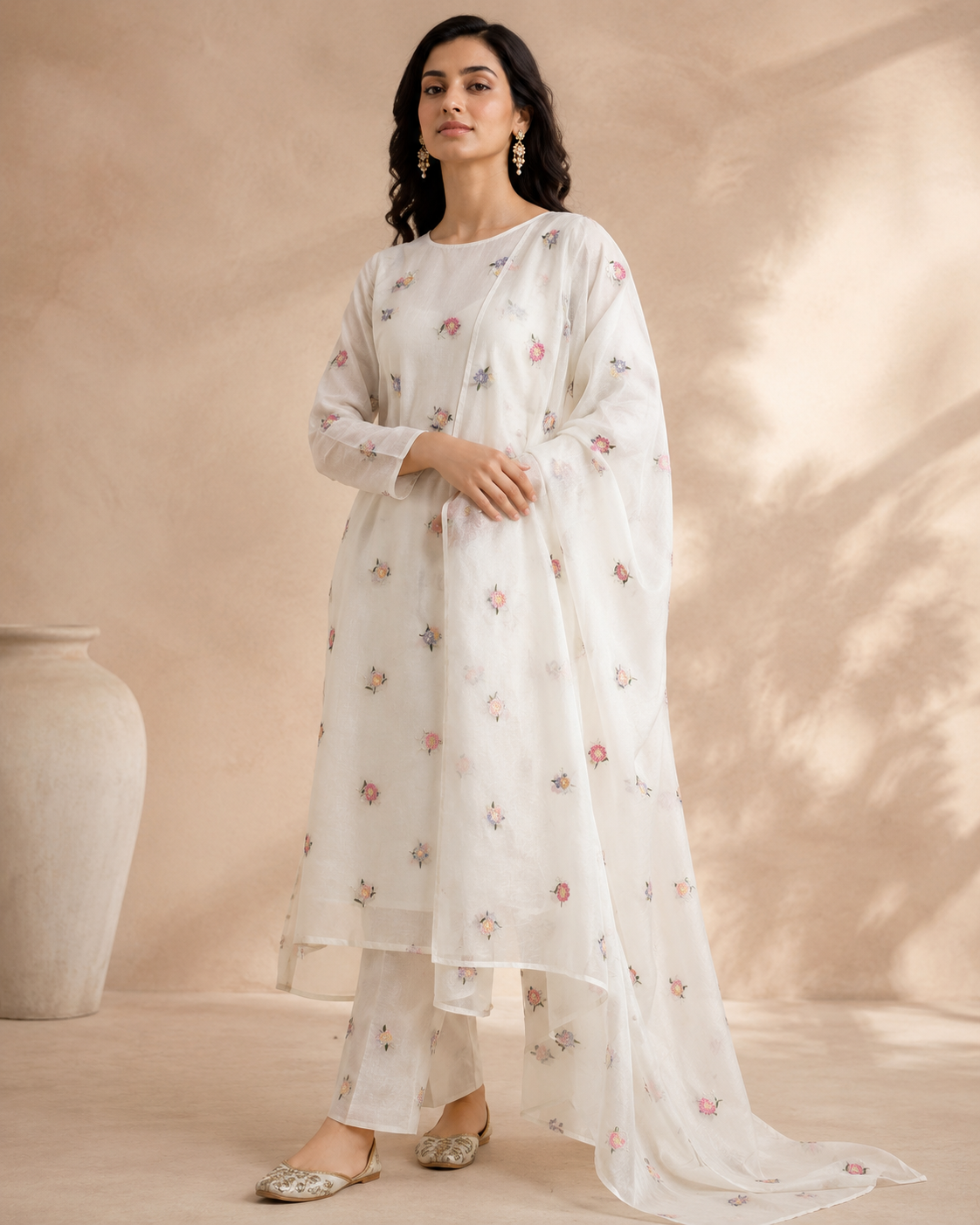 Beautiful Multi Thread Floral Embroidery Work On Off White Pure Mul Chanderi Silk Fabric