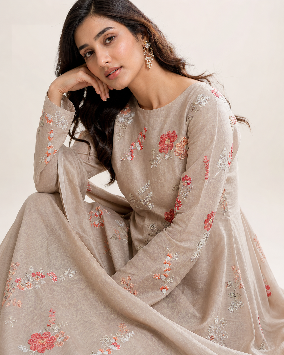 Beautiful Multi Thread With Gold Sequins Floral Embroidery Work On Light Brown Pure Mul Chanderi Silk Fabric
