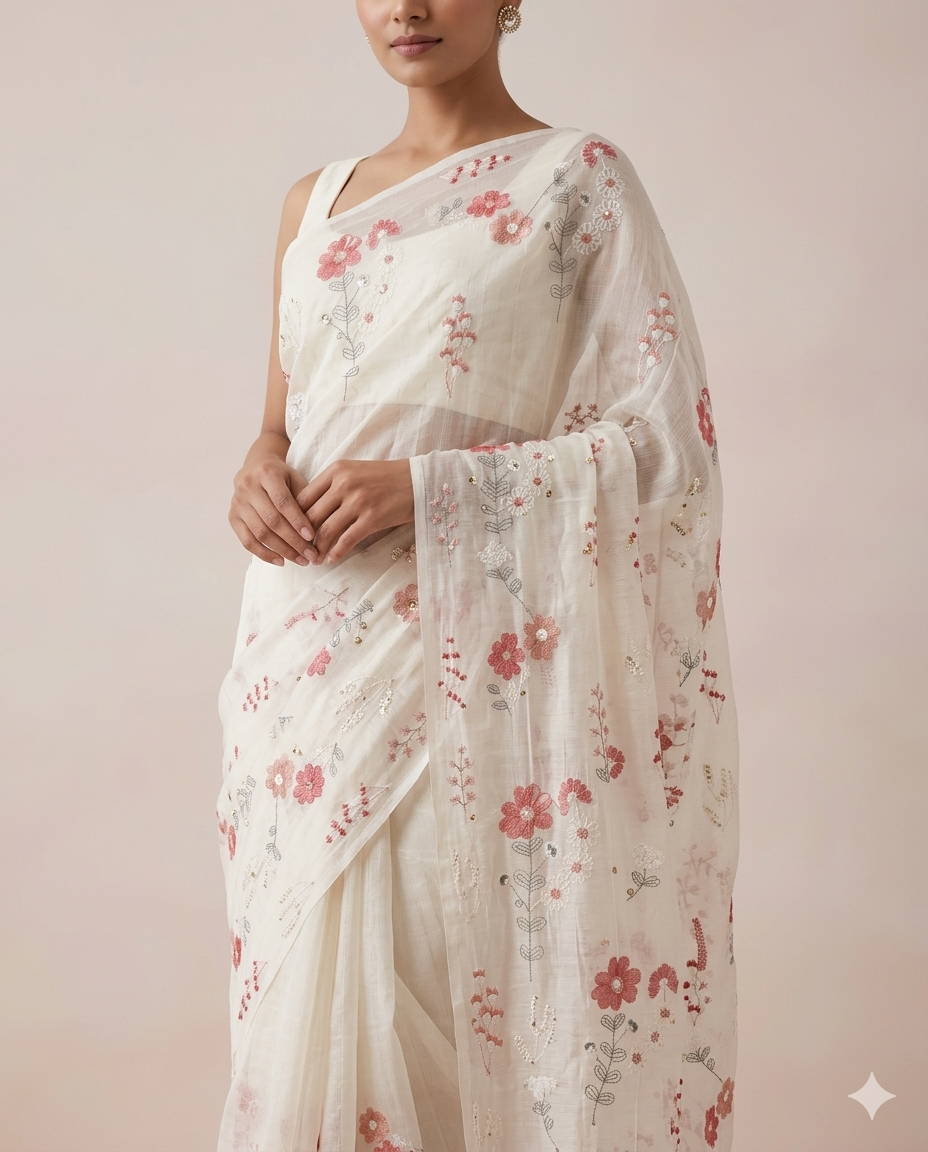 Beautiful Multi Thread With Gold Sequins Floral Embroidery Work On Off White Pure Mul Chanderi Silk Fabric