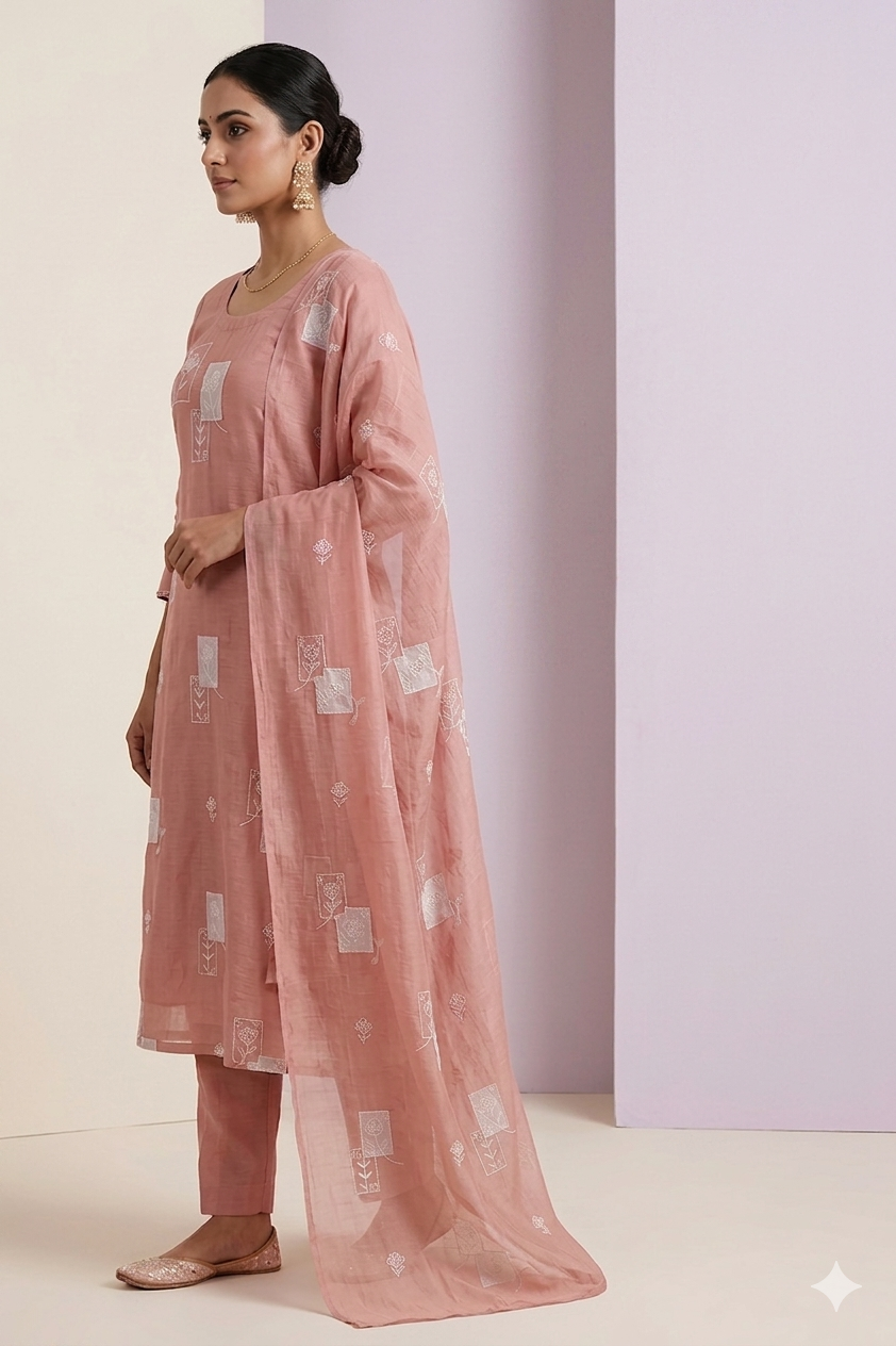 Applique Work With Beads Embroidery Design On Gajri Pure Mul Chanderi Silk Fabric