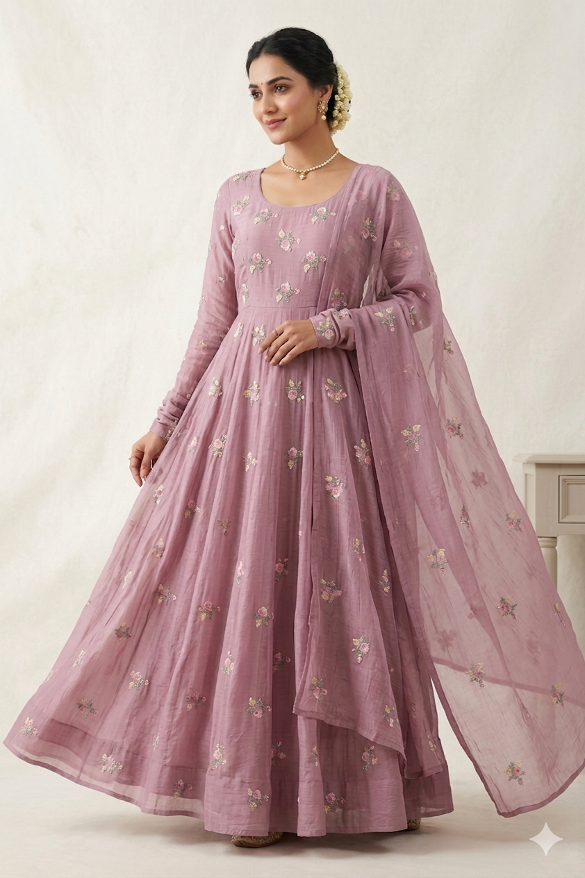 Gorgeous Multi Thread With Sequins Floral Embroidery Work On Pastel Pink Pure Mul Chanderi Silk Fabric