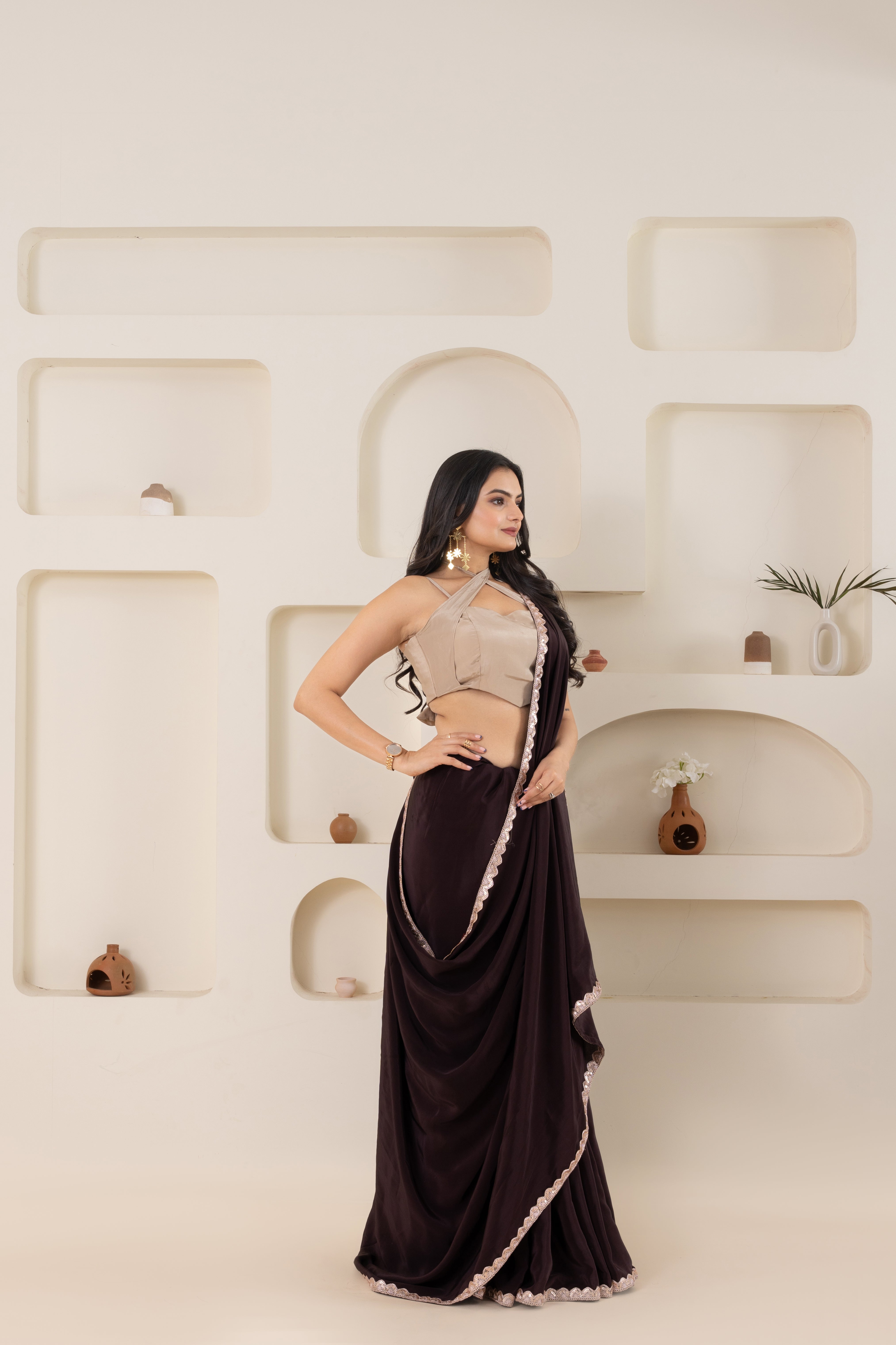 Brown And Beige Pure Viscose Crepe Saree Set With Border (Saree With Blouse Piece)