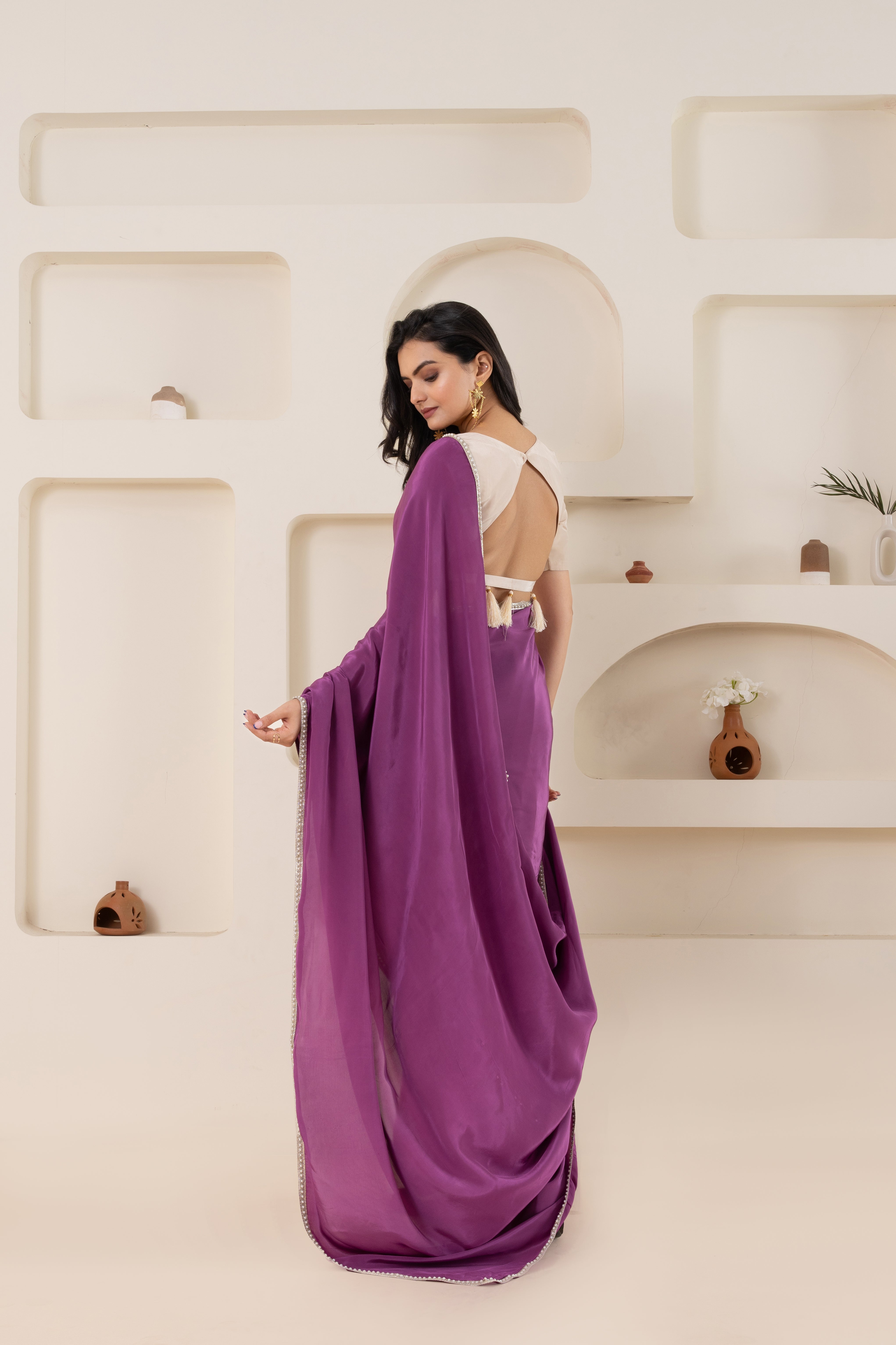 Purple And Off White Pure Viscose Crepe Saree Set With Border (Saree With Blouse Piece)