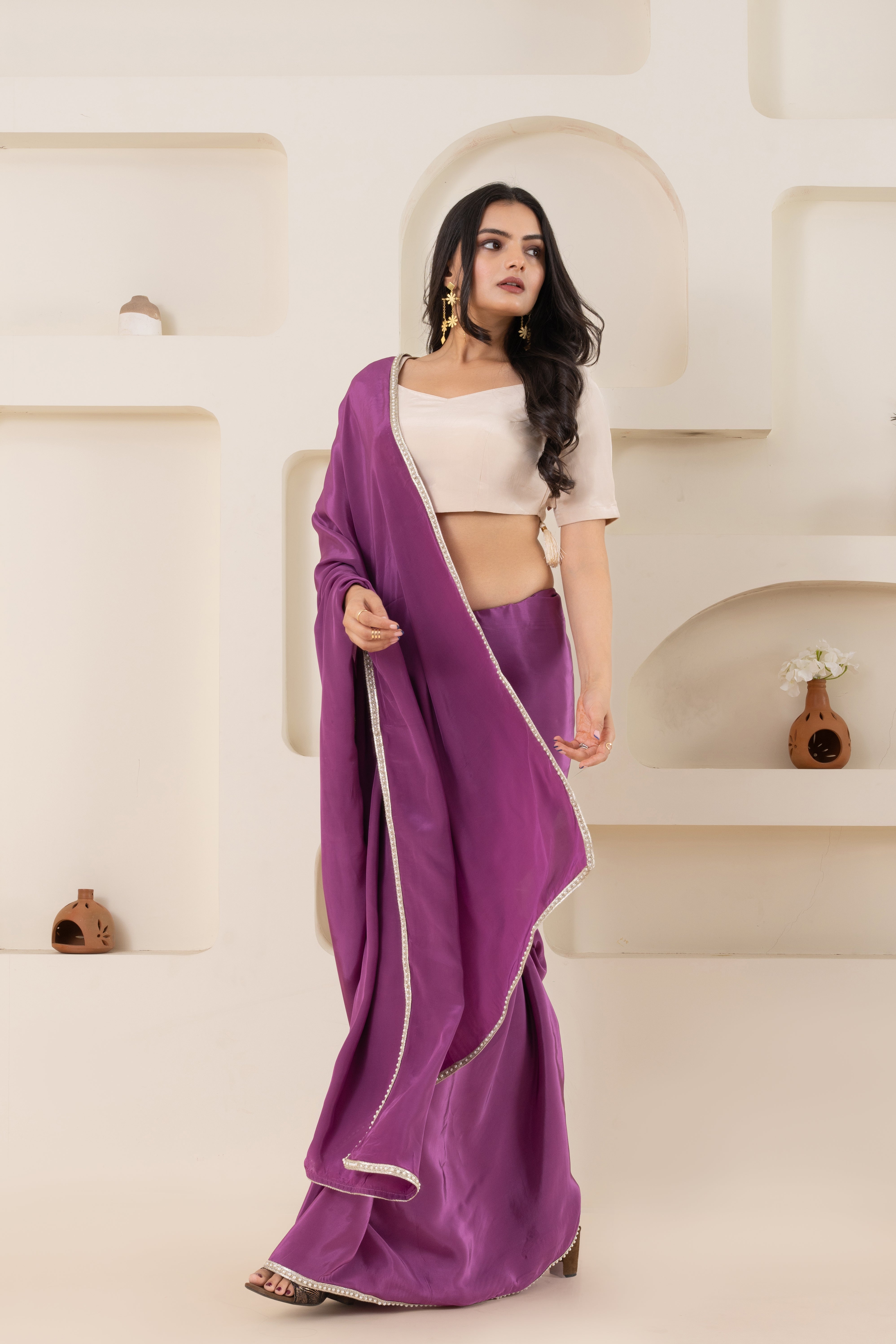 Purple And Off White Pure Viscose Crepe Saree Set With Border (Saree With Blouse Piece)