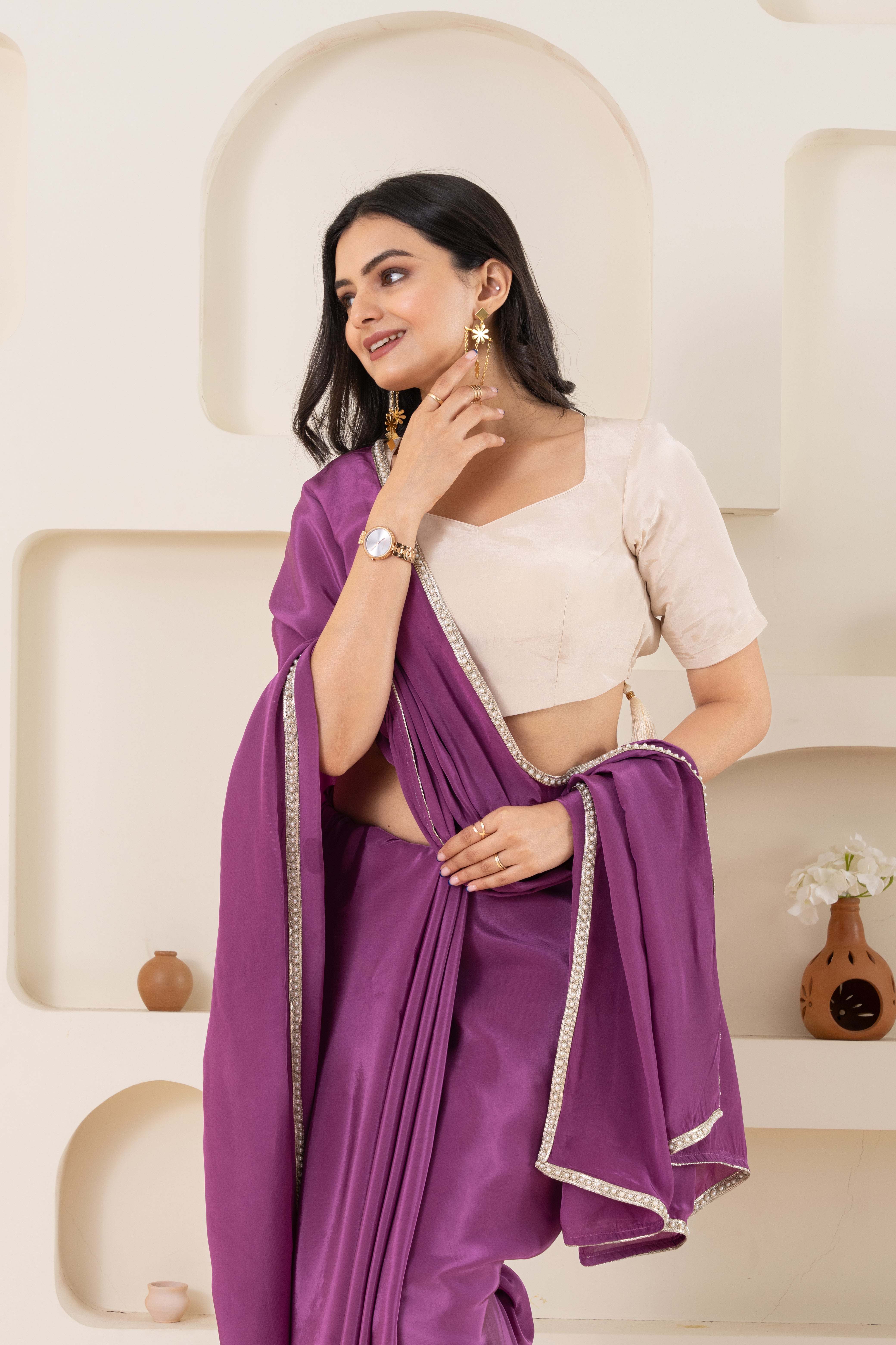 Purple And Off White Pure Viscose Crepe Saree Set With Border (Saree With Blouse Piece)