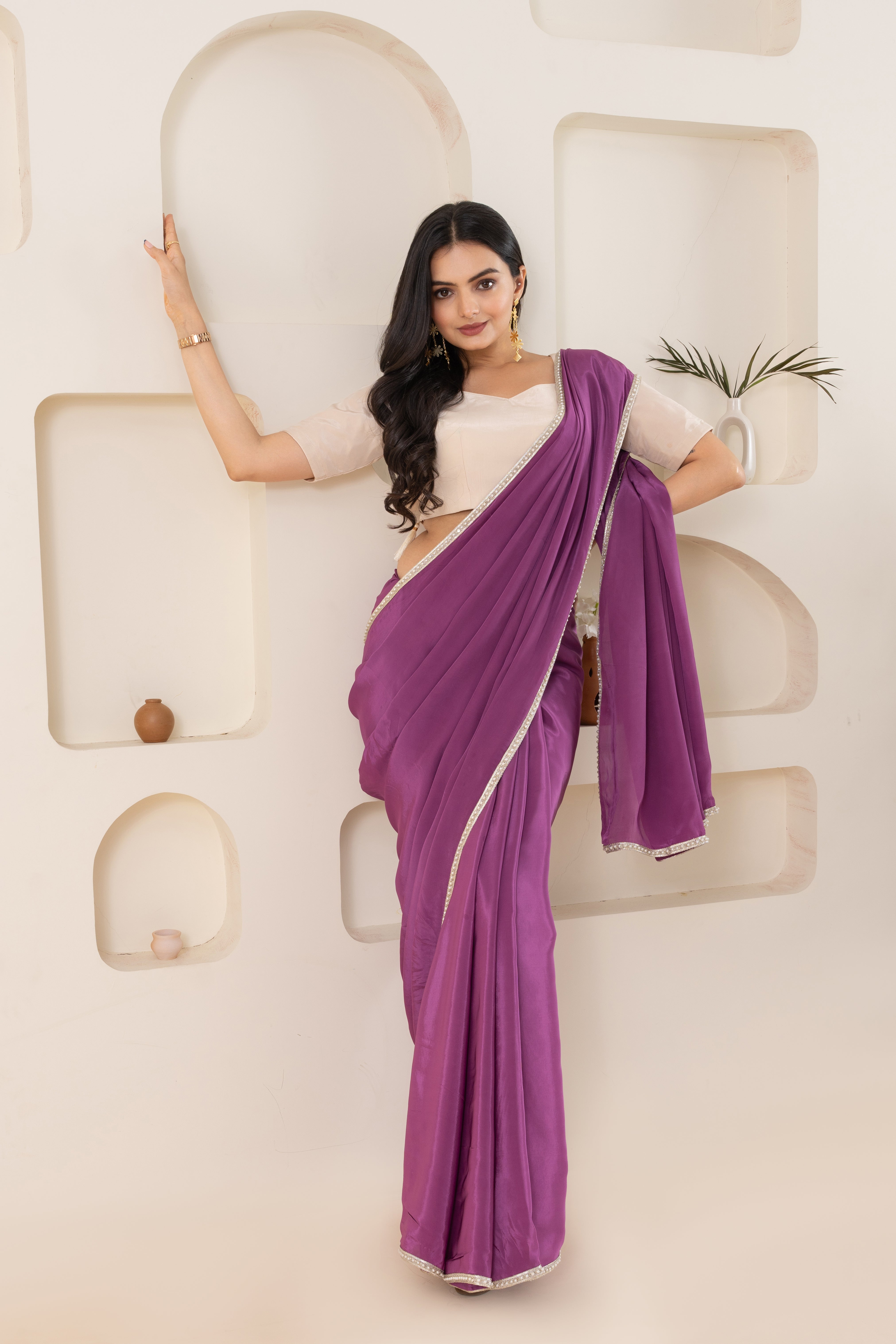 Purple And Off White Pure Viscose Crepe Saree Set With Border (Saree With Blouse Piece)