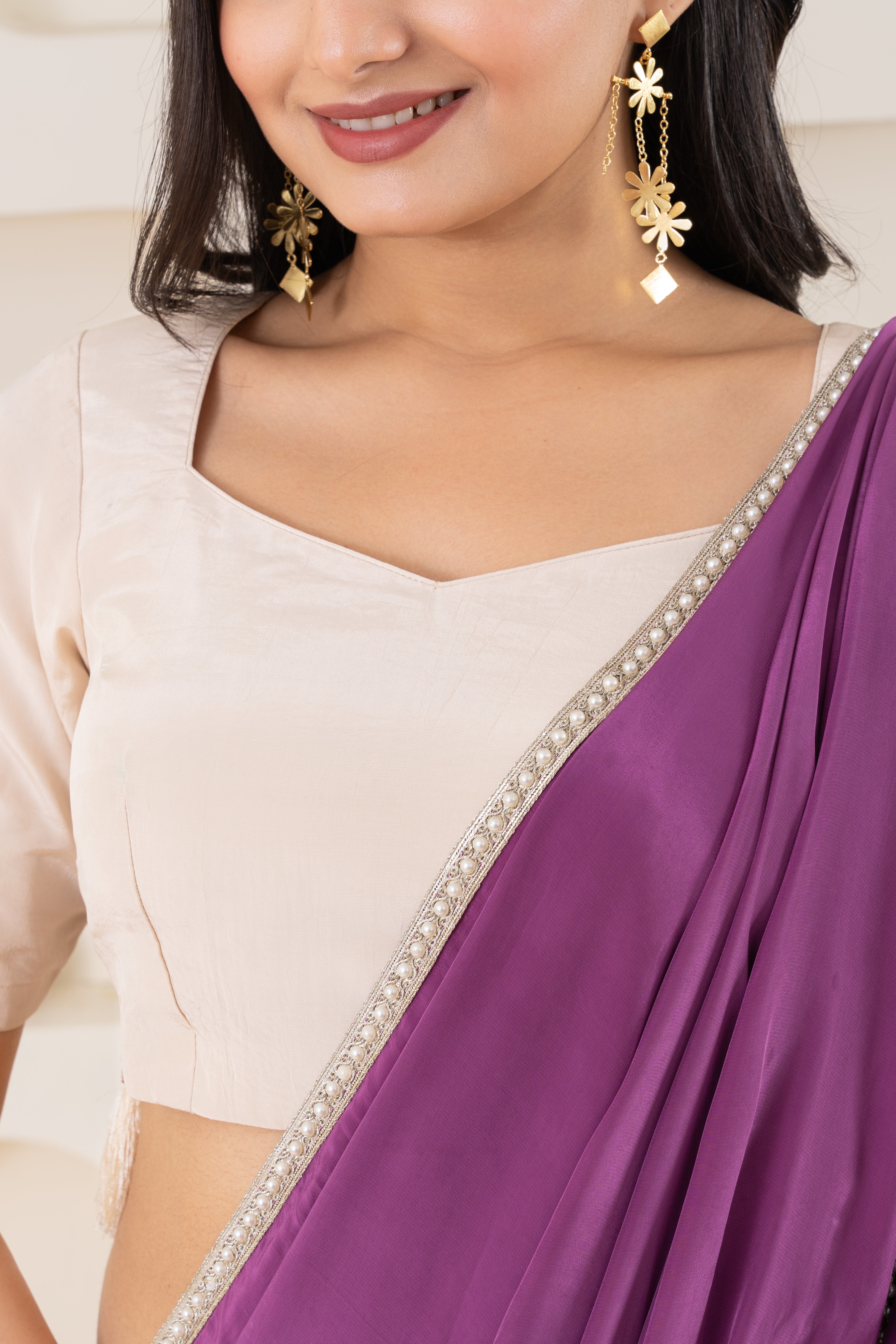 Purple And Cream Pure Viscose Crepe Saree Set With Border (Saree With Blouse Piece)