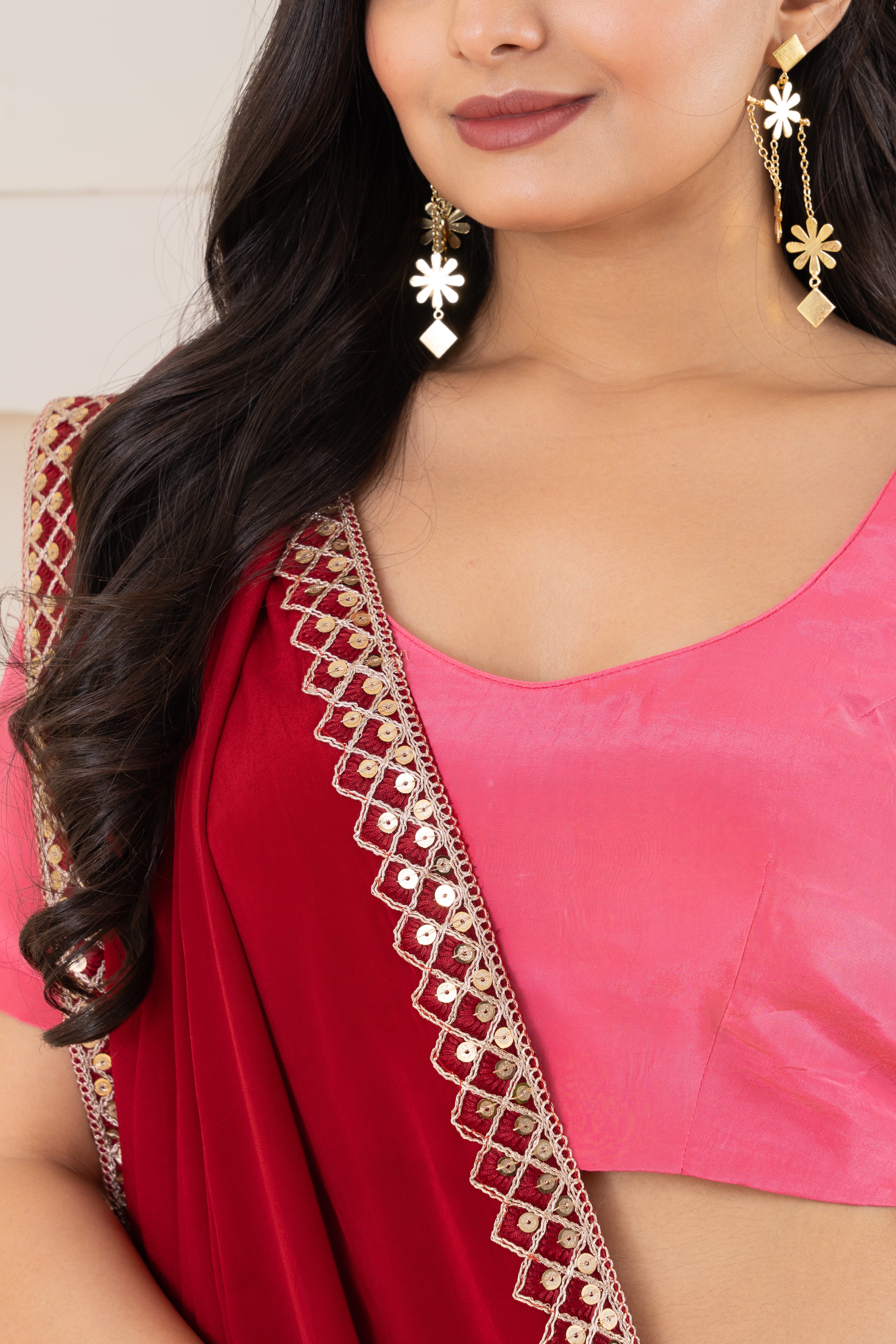 Red And Pink Pure Viscose Crepe Saree Set With Border (Saree With Blouse Piece)