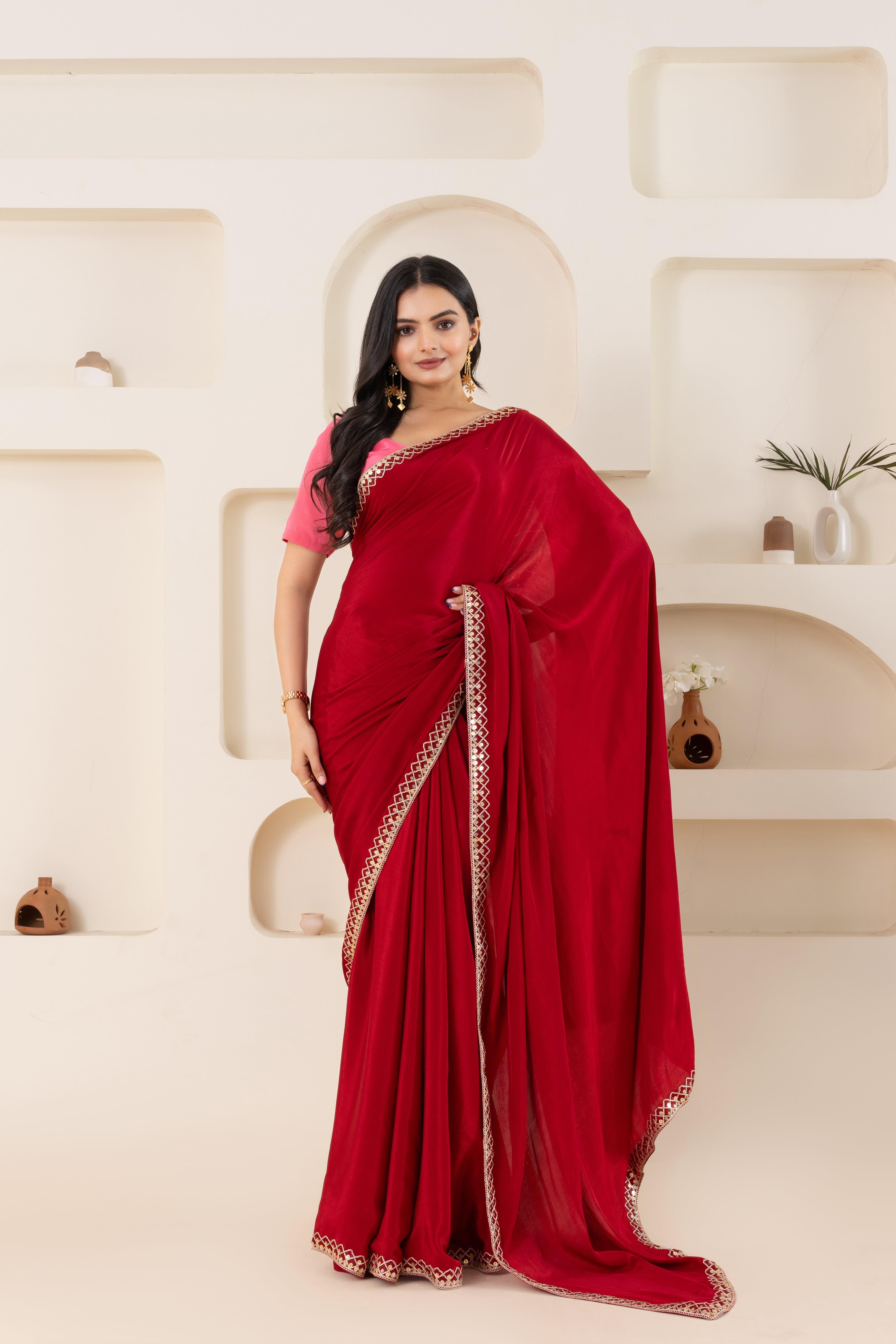 Red And Pink Pure Viscose Crepe Saree Set With Border (Saree With Blouse Piece)