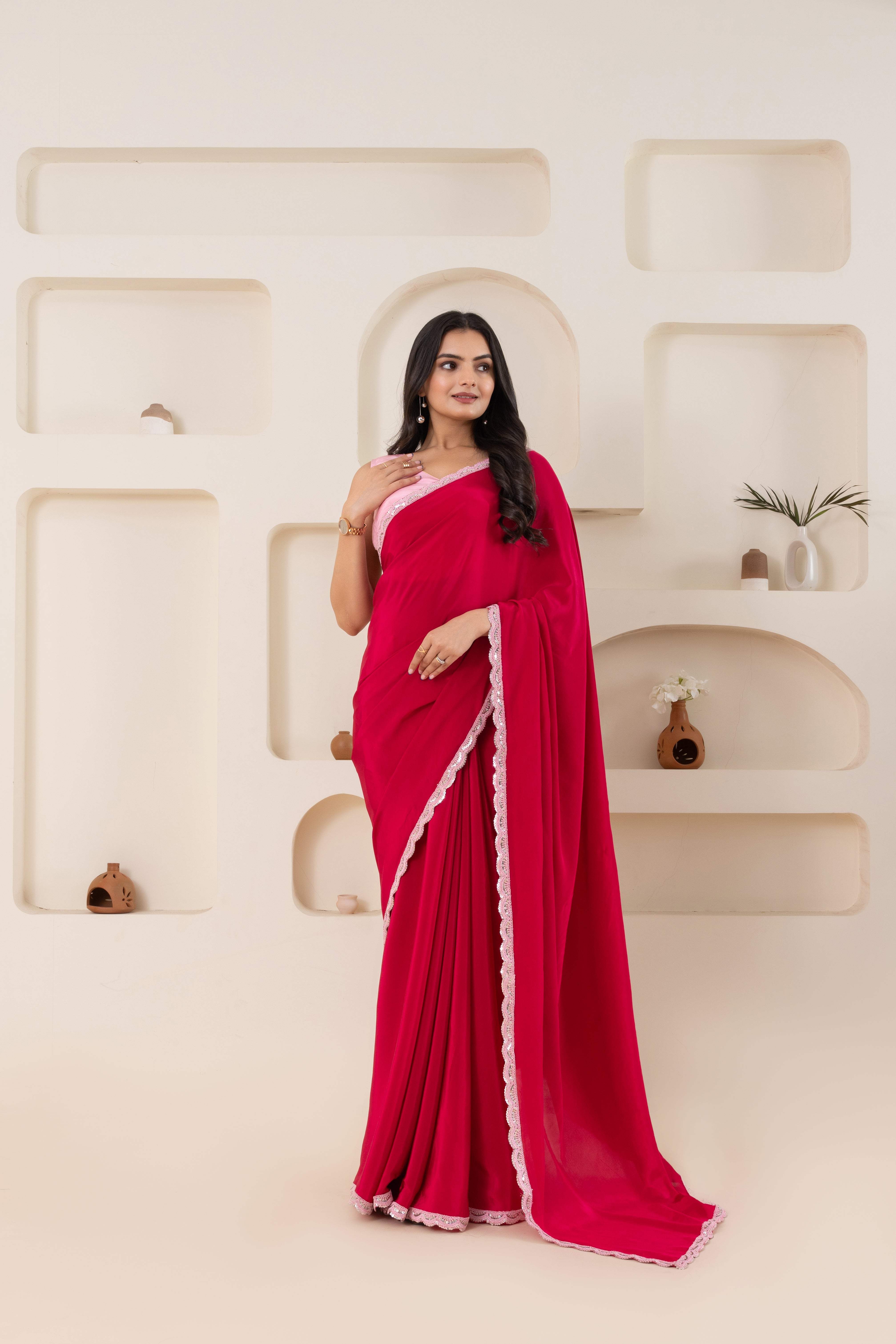 Fuchsia And Baby Pink Pure Viscose Crepe Saree Set With Border (Saree With Blouse Piece)