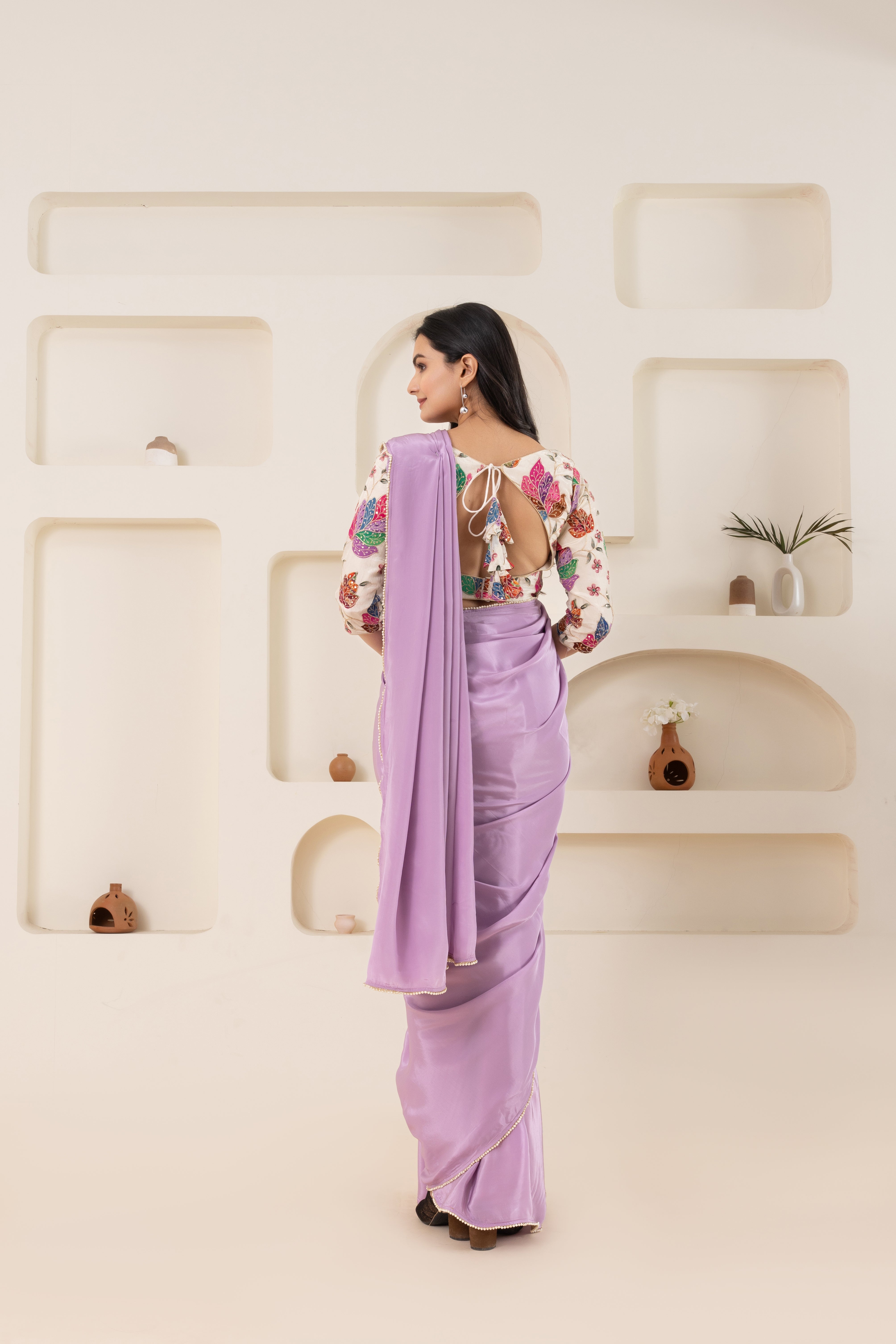 Lilac Purple And Cream Pure Viscose Crepe Saree Set With Border (Saree With Blouse Piece)