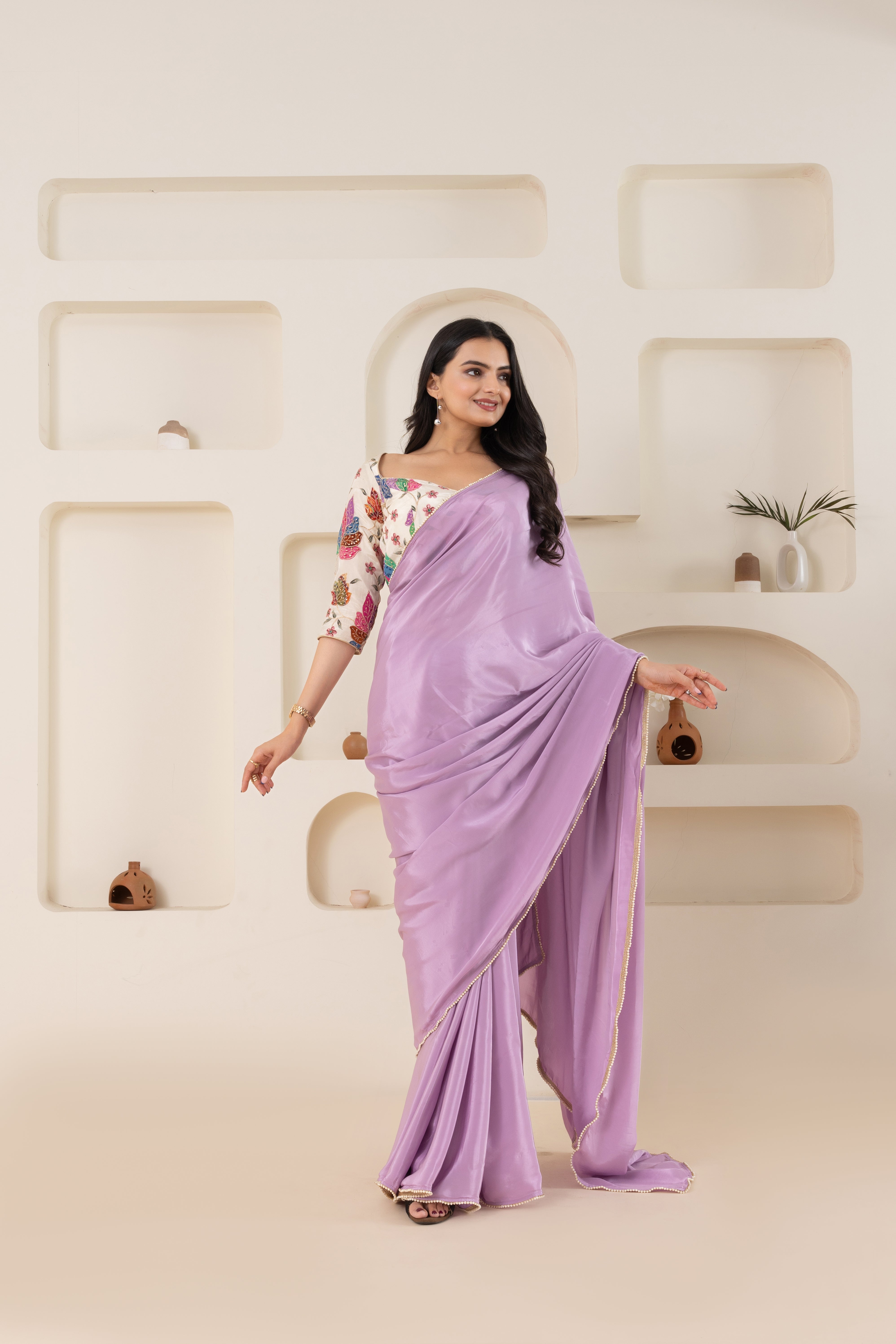 Lilac Purple And Cream Pure Viscose Crepe Saree Set With Border (Saree With Blouse Piece)