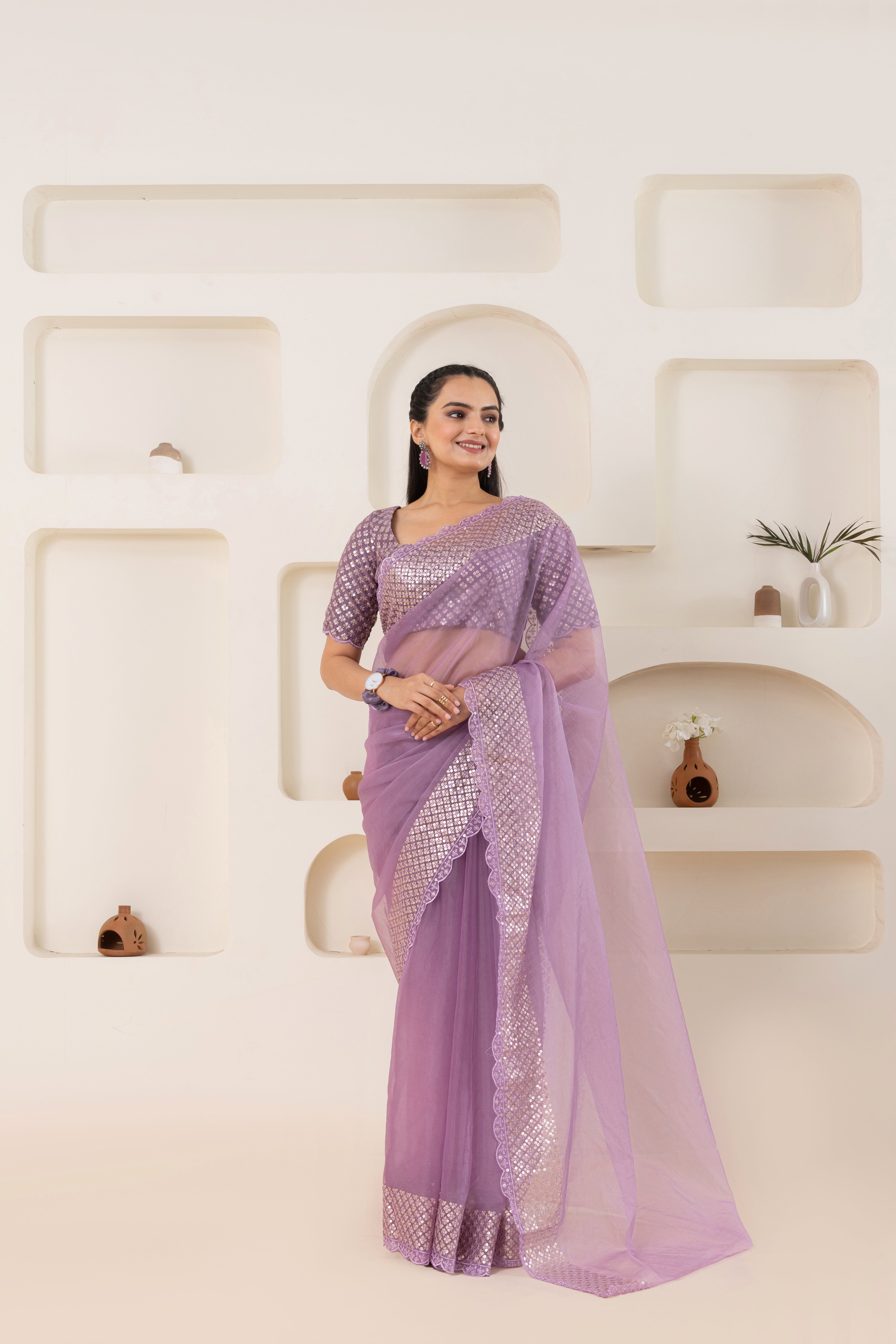 Lavender Embroidery Saree Set (Saree With Blouse Piece)