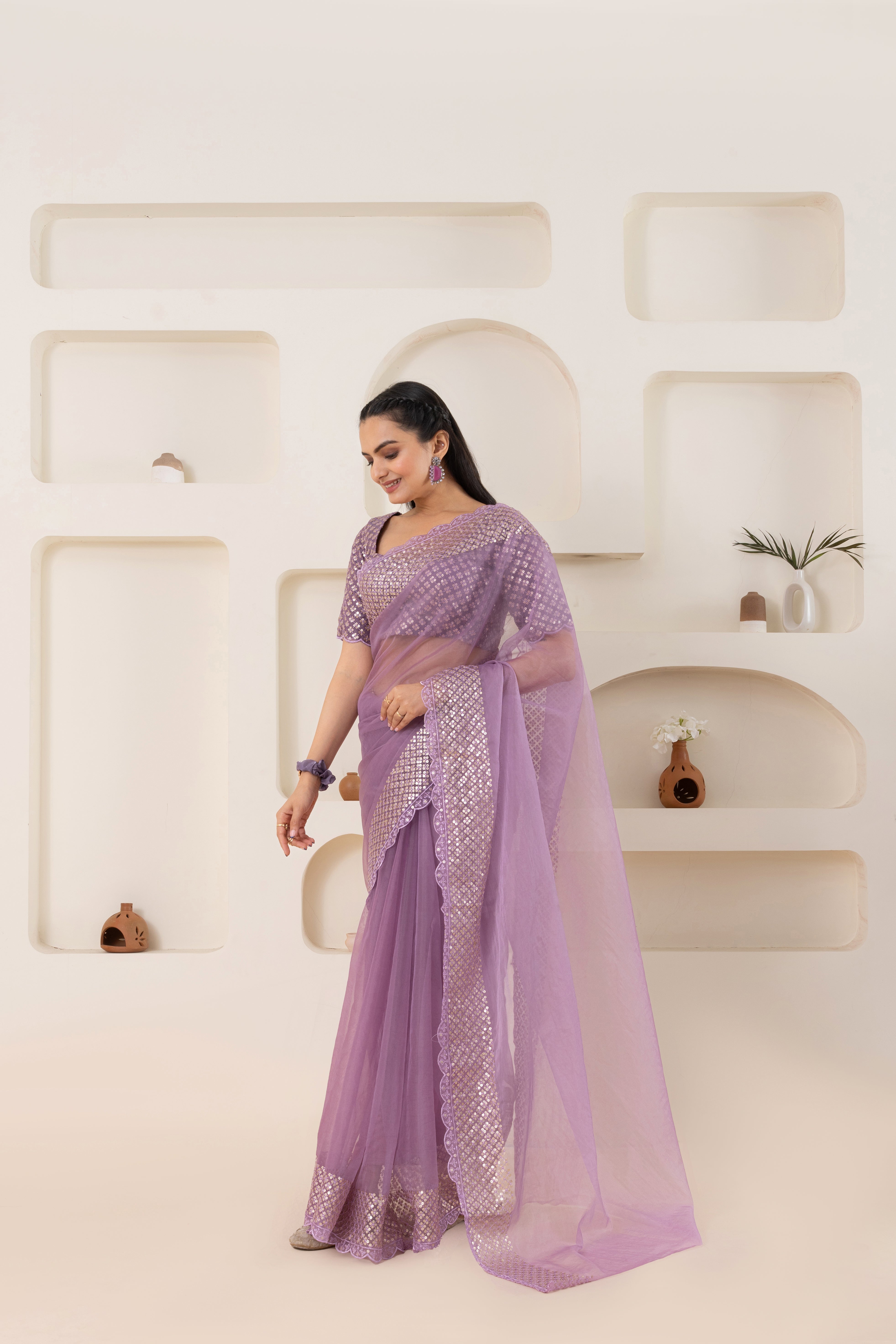 Lavender Embroidery Saree Set (Saree With Blouse Piece)