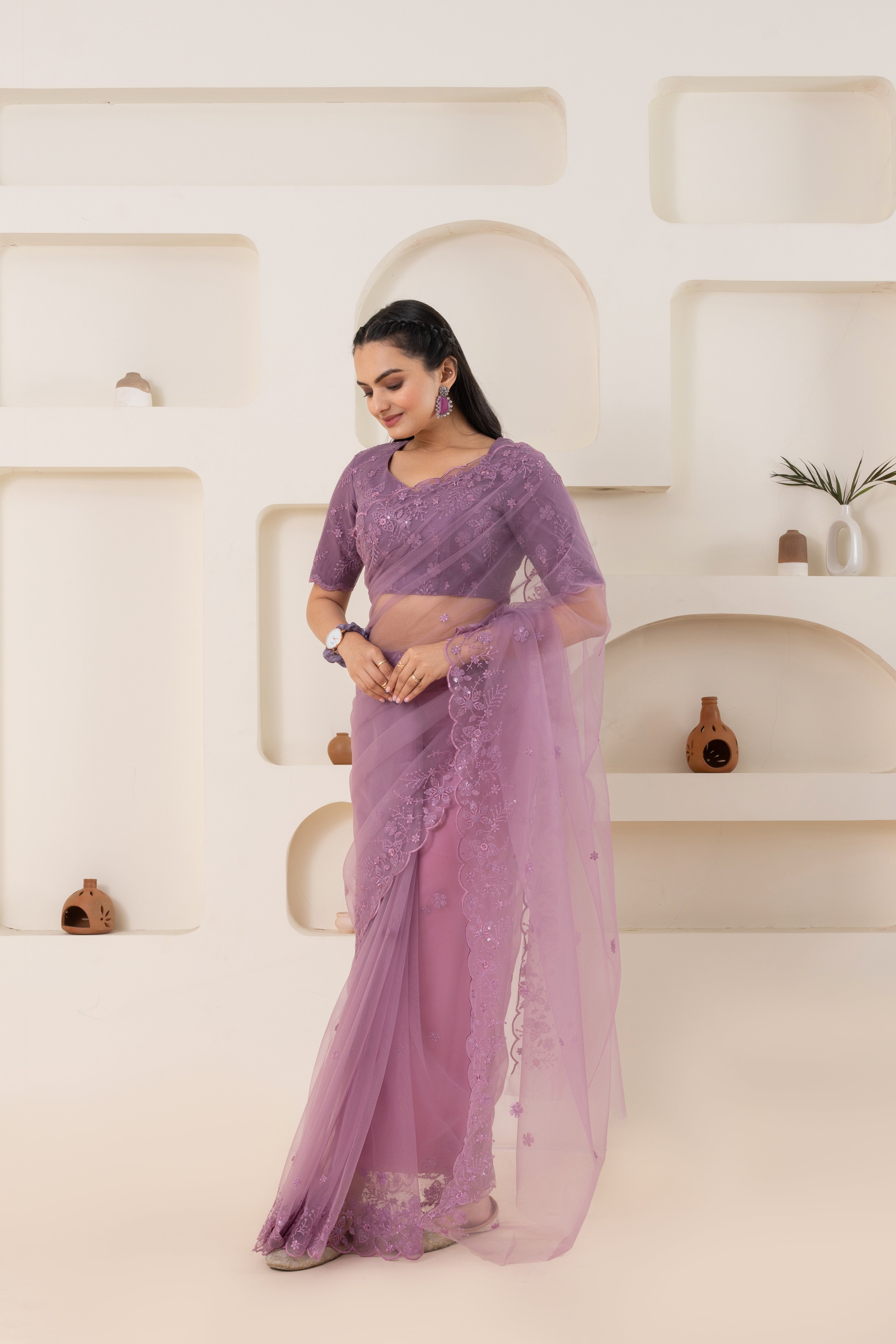 Lavender Embroidery Saree Set (Saree With Blouse Piece)