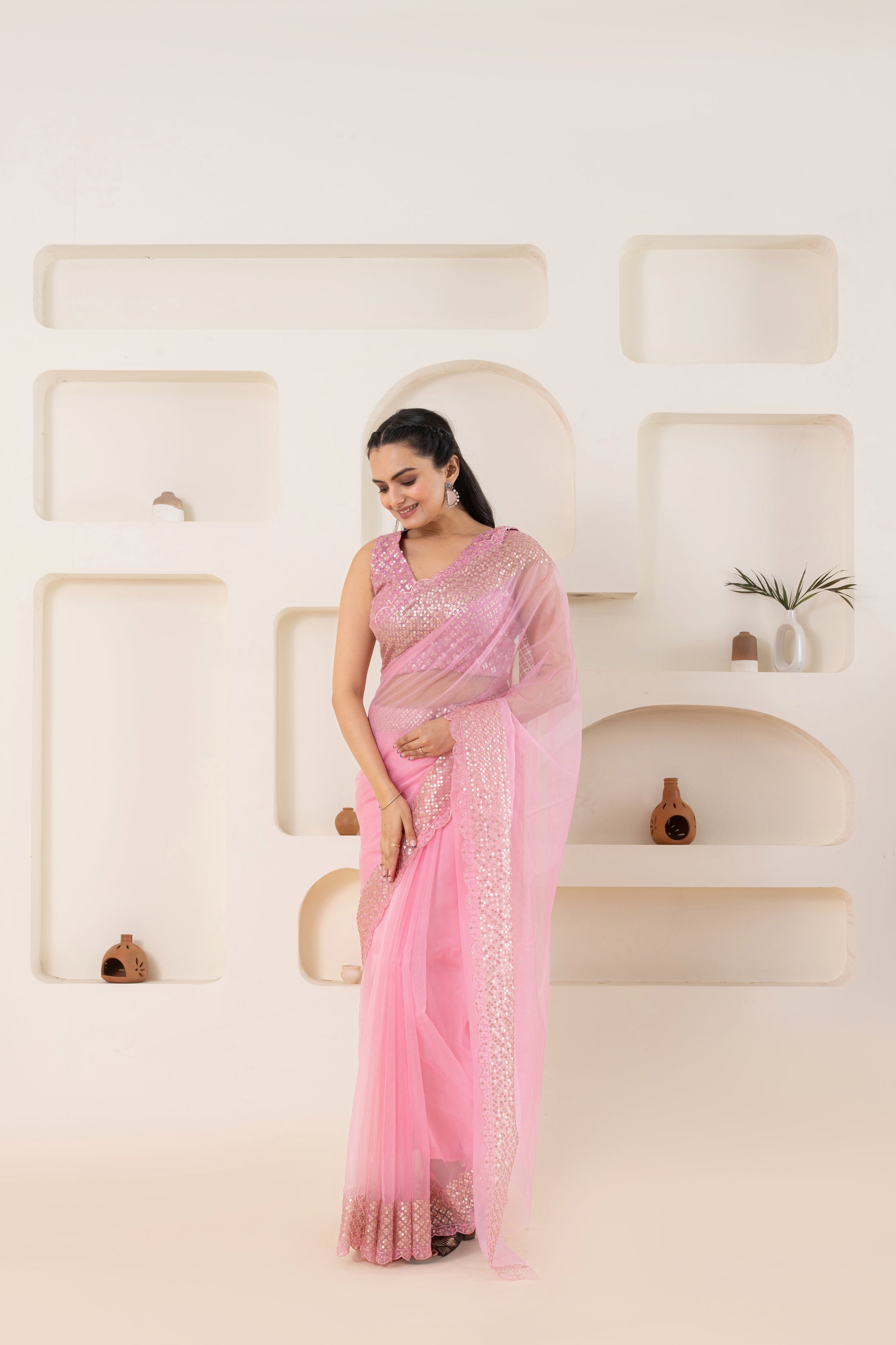 Pink Embroidery Saree Set (Saree With Blouse Piece)