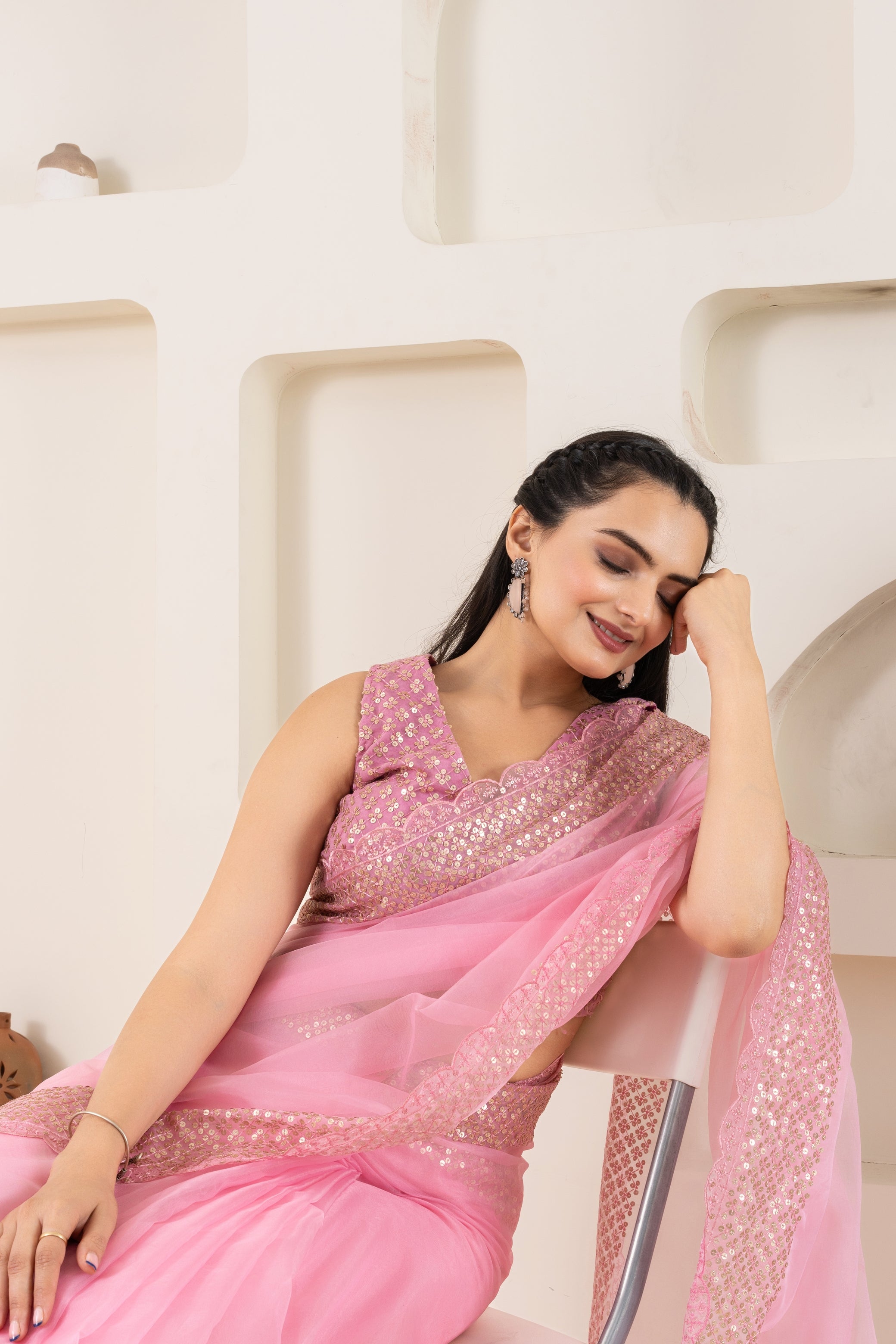 Pink Embroidery Saree Set (Saree With Blouse Piece)