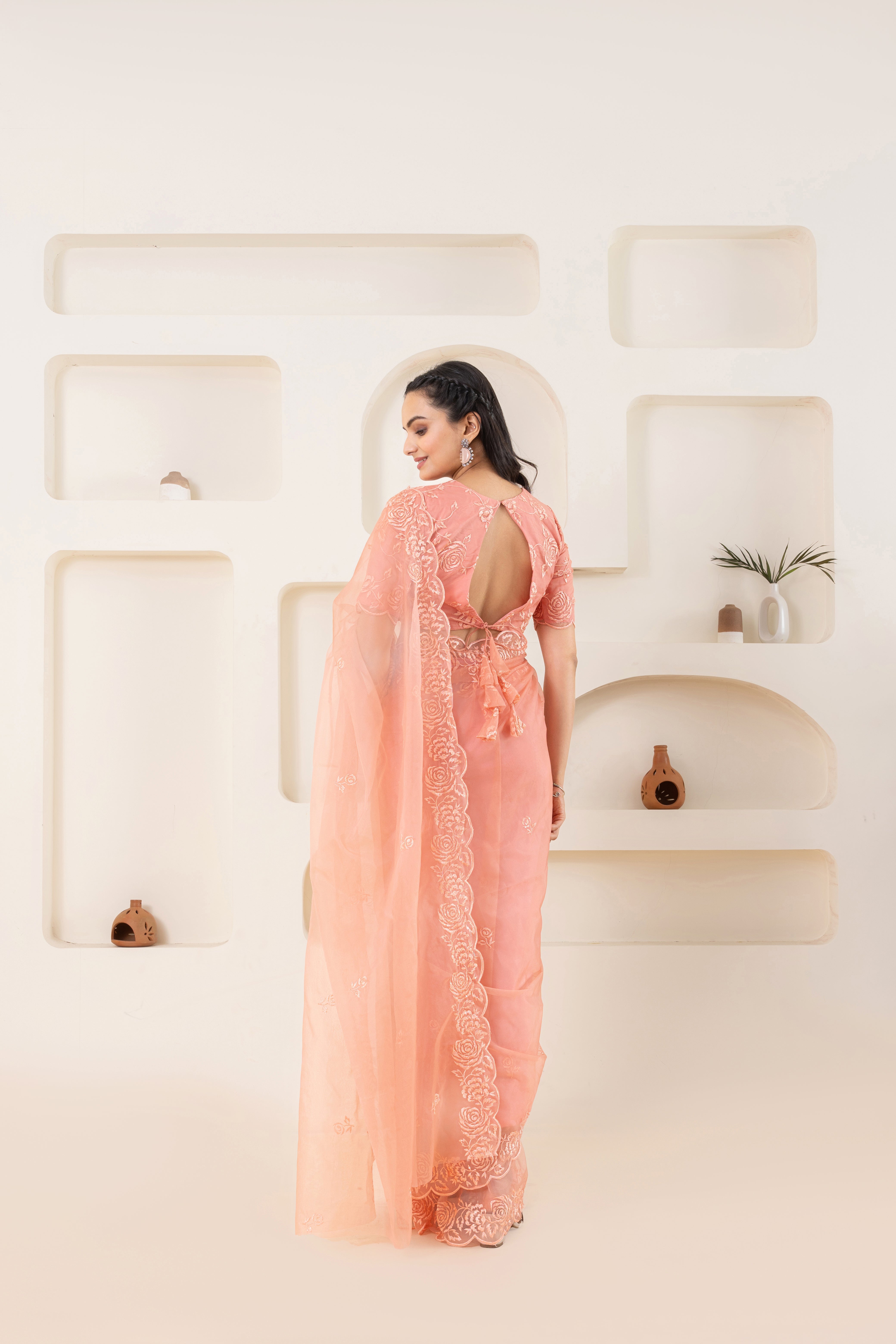 Peach Embroidery Saree Set (Saree With Blouse Piece)