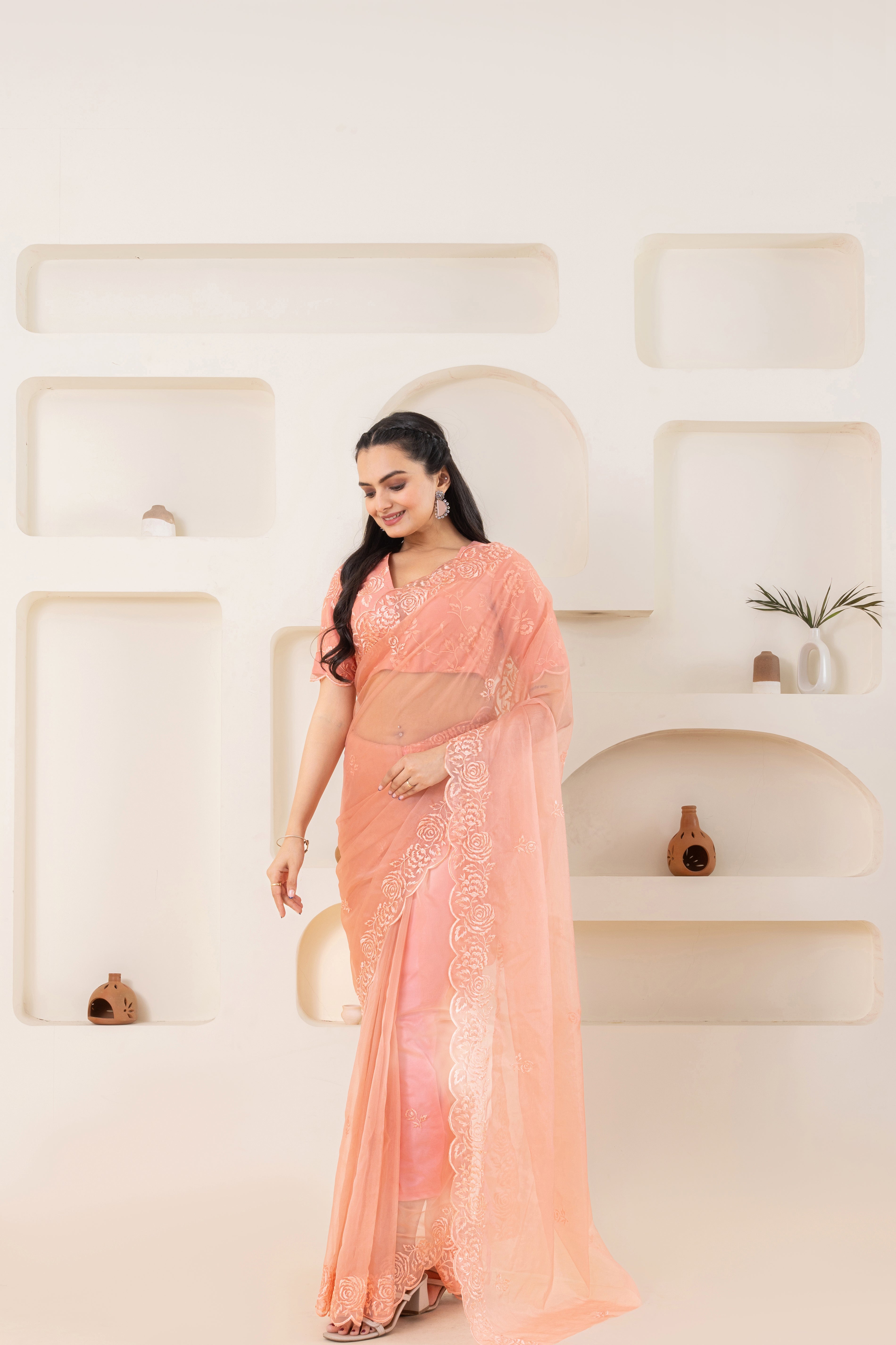 Peach Embroidery Saree Set (Saree With Blouse Piece)