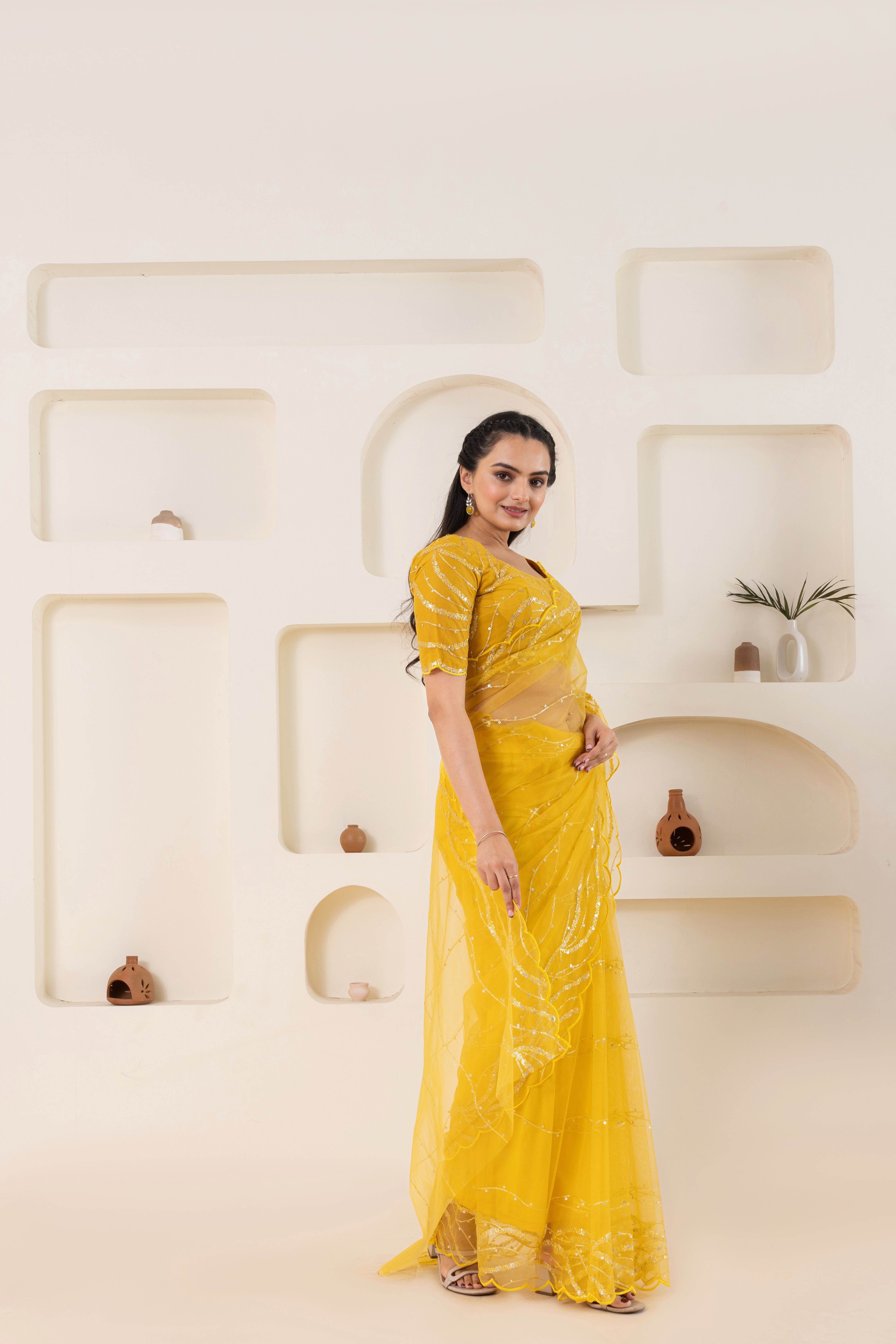 Yellow Embroidery Saree Set (Saree With Blouse Piece)