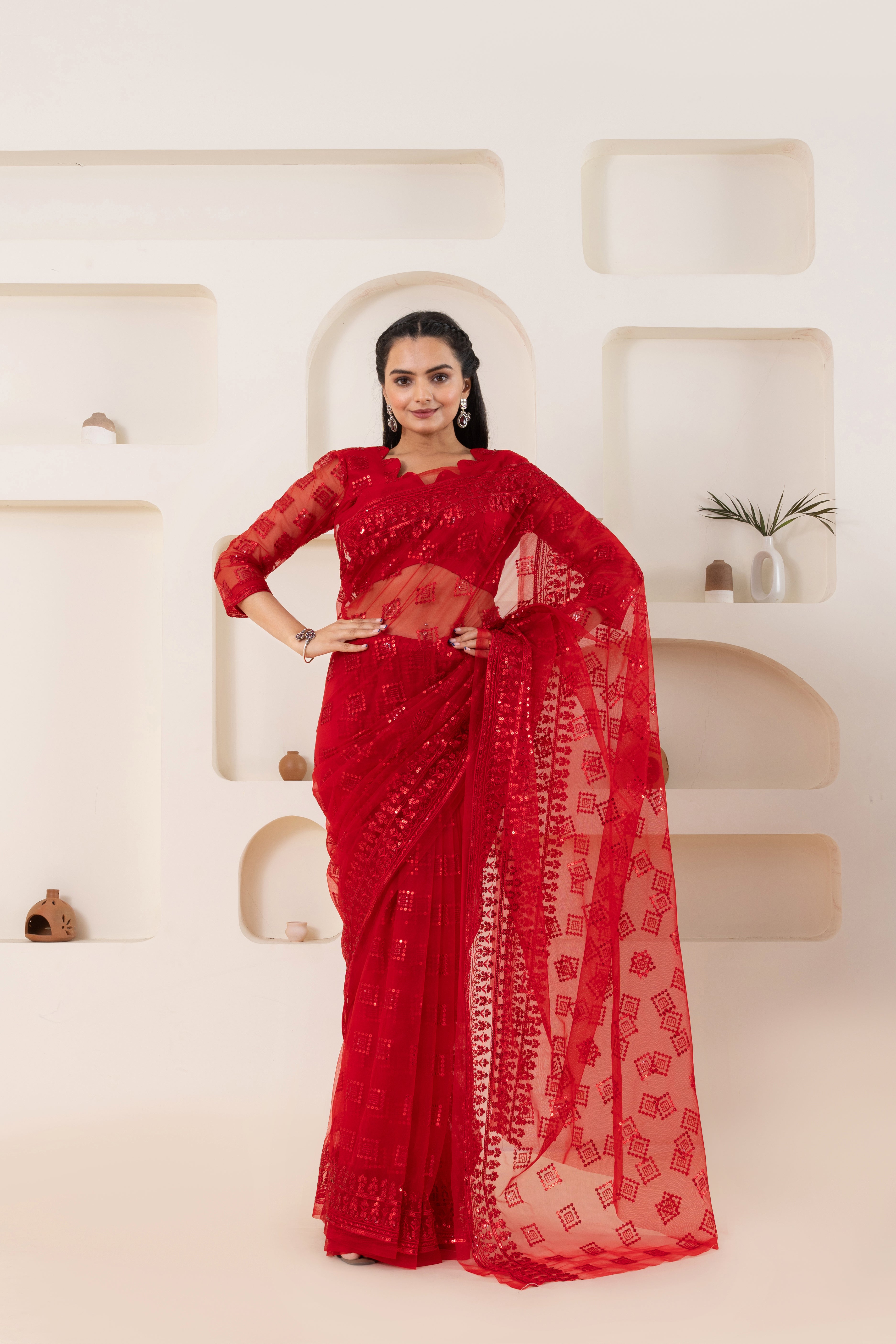 Red Checks Embroidery Saree Set (Saree With Blouse Piece)