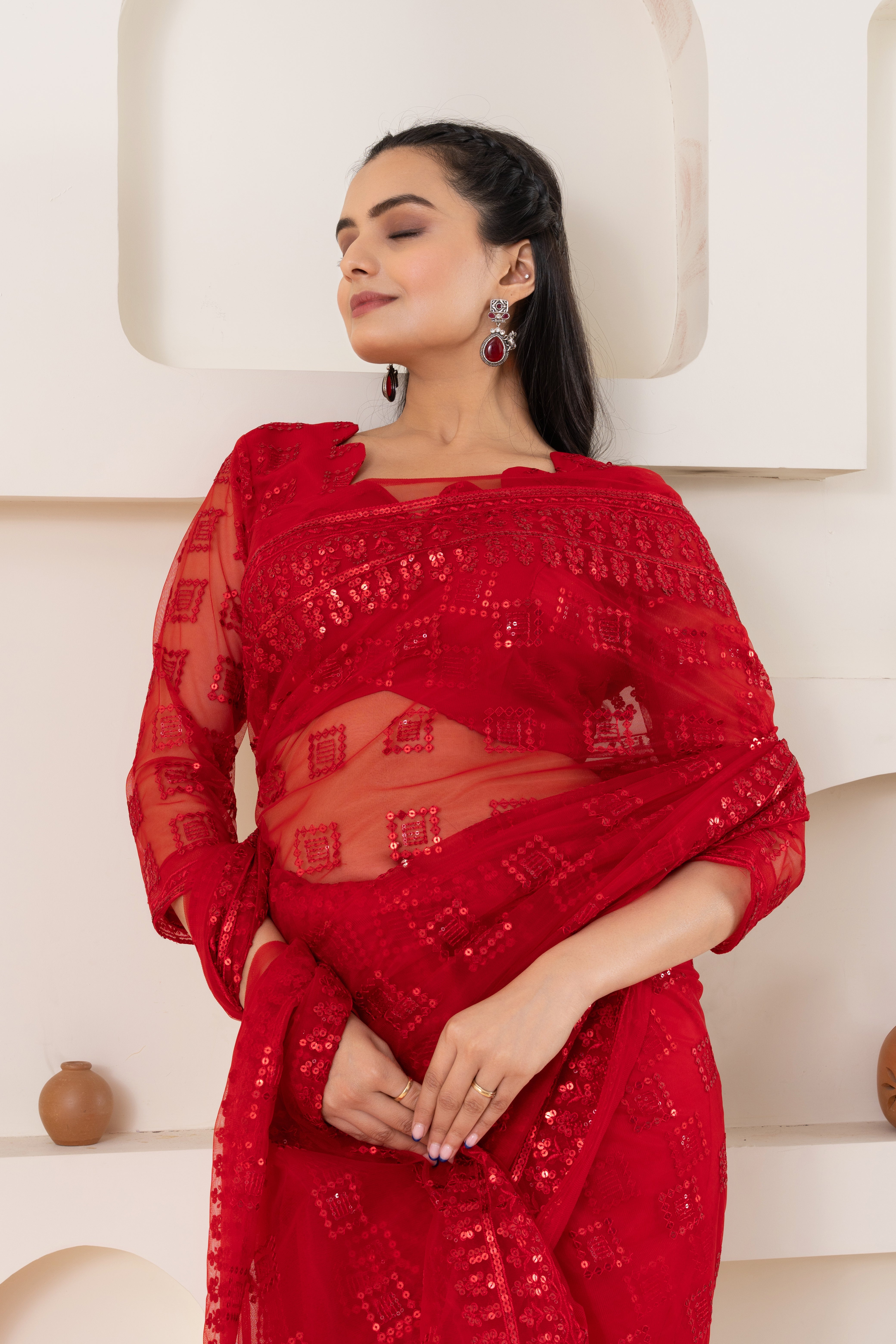 Red Checks Embroidery Saree Set (Saree With Blouse Piece)