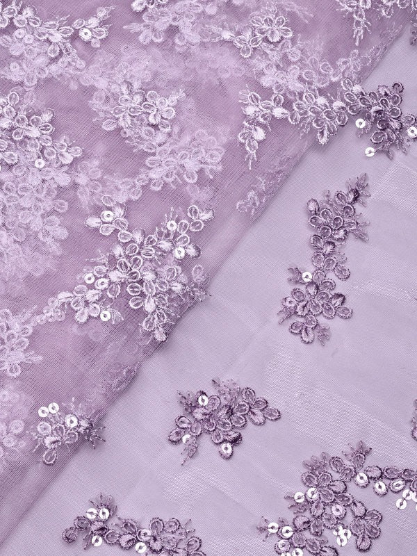 Exclusive Lilac Thread With Sequins Abstract Embroidery Work On Lilac Soft Net Fabric