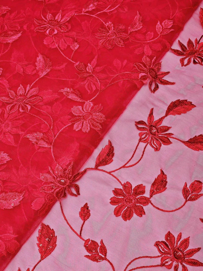 Cherry Red Thread With Water Sequins Floral Embroidery On Cherry Red Soft Net Fabric