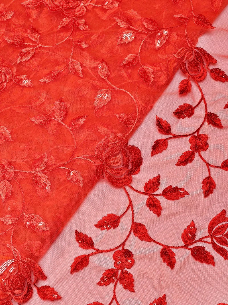 Gorgeous Rust Thread With Sequins Floral Leafy Embroidery On Rust Soft Net Fabric