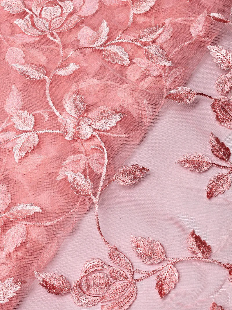 Gorgeous Pink Thread With Sequins Floral Leafy Embroidery On Pink Soft Net Fabric