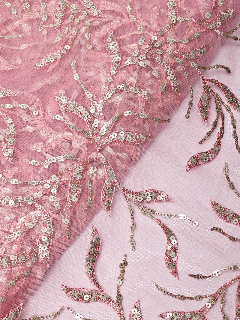 Gold And Silver Sequins Leafy Floral Embroidery On Pink Soft Net Fabric