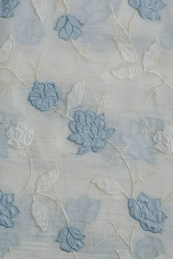 Pastel Sky Blue Thread Elegant Floral Embroidery Work On Off White Organic Cotton Fabric