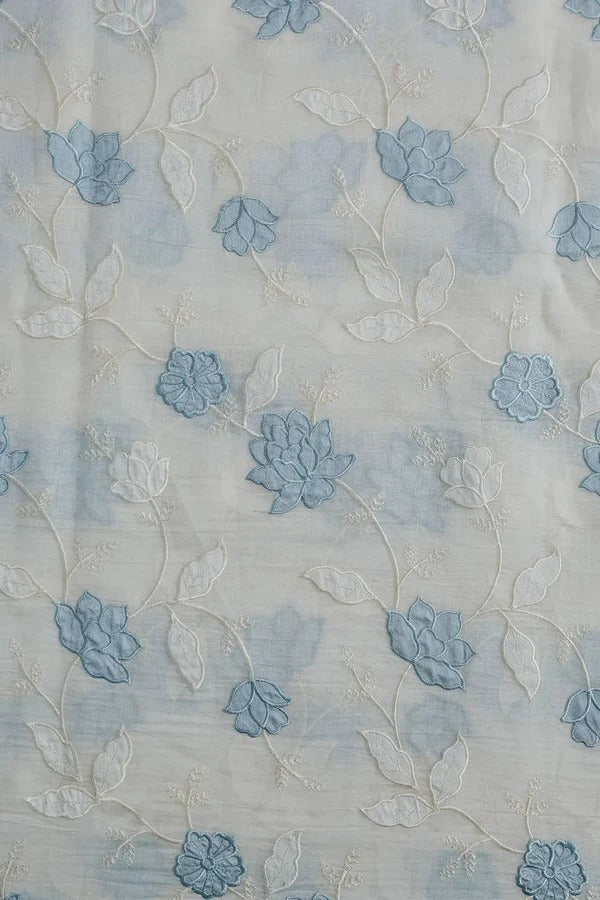 Pastel Sky Blue Thread Elegant Floral Embroidery Work On Off White Organic Cotton Fabric