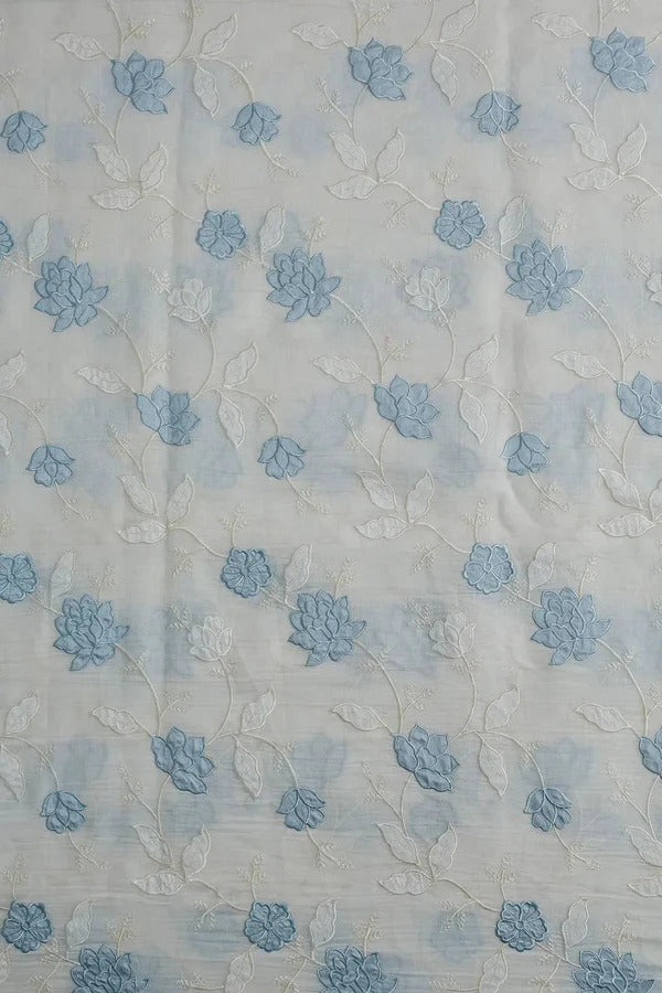 Pastel Sky Blue Thread Elegant Floral Embroidery Work On Off White Organic Cotton Fabric
