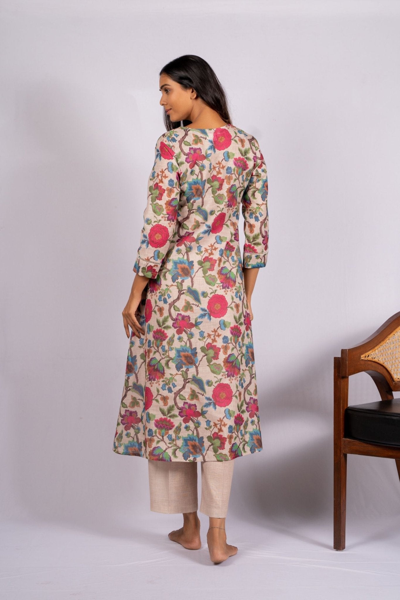 Aaina Beige Linen Indian Co - ord Set - doeraa