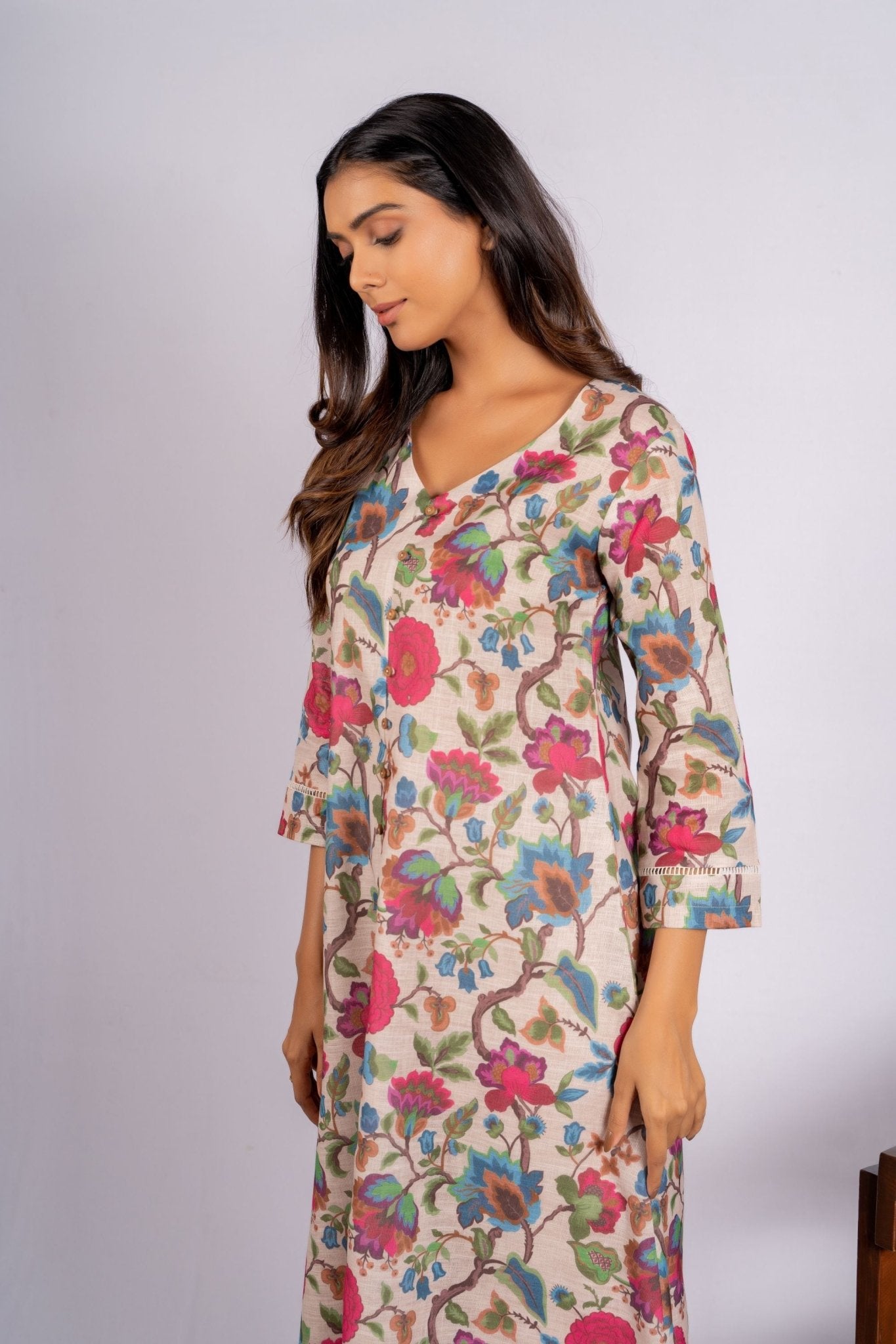 Aaina Beige Linen Indian Co - ord Set - doeraa