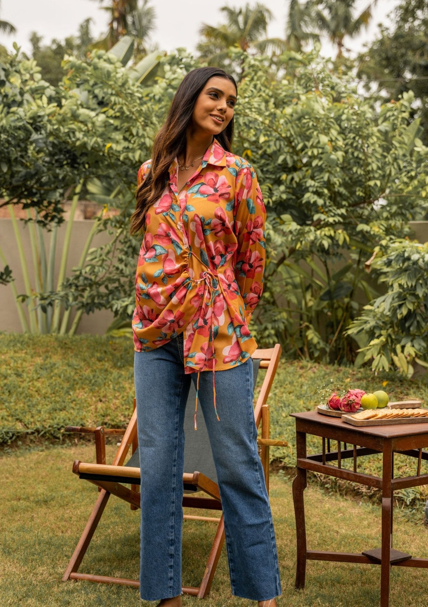 Amalia Floral Mustard Drawstring Crepe Shirt - doeraa