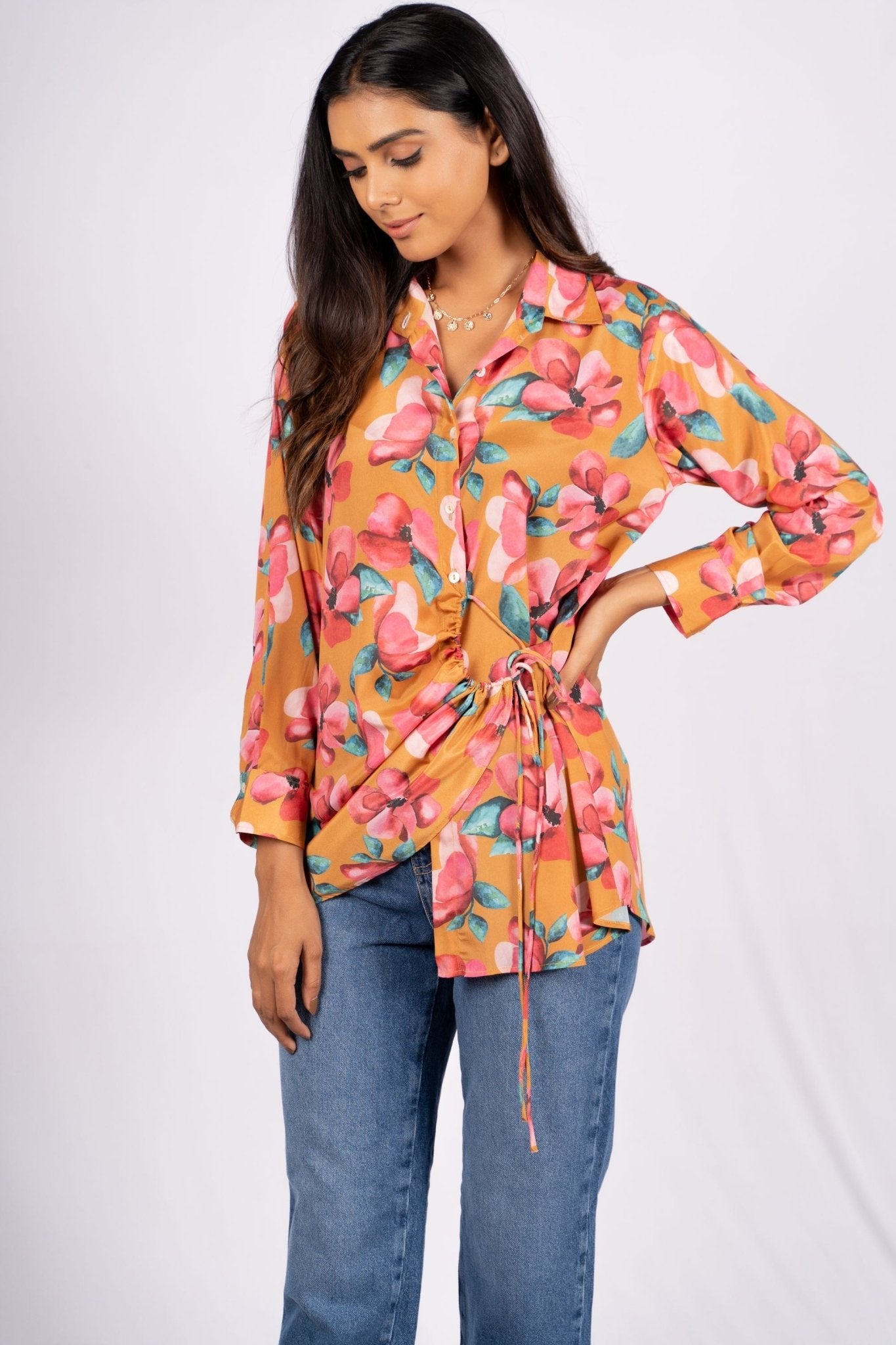Amalia Floral Mustard Drawstring Crepe Shirt - doeraa