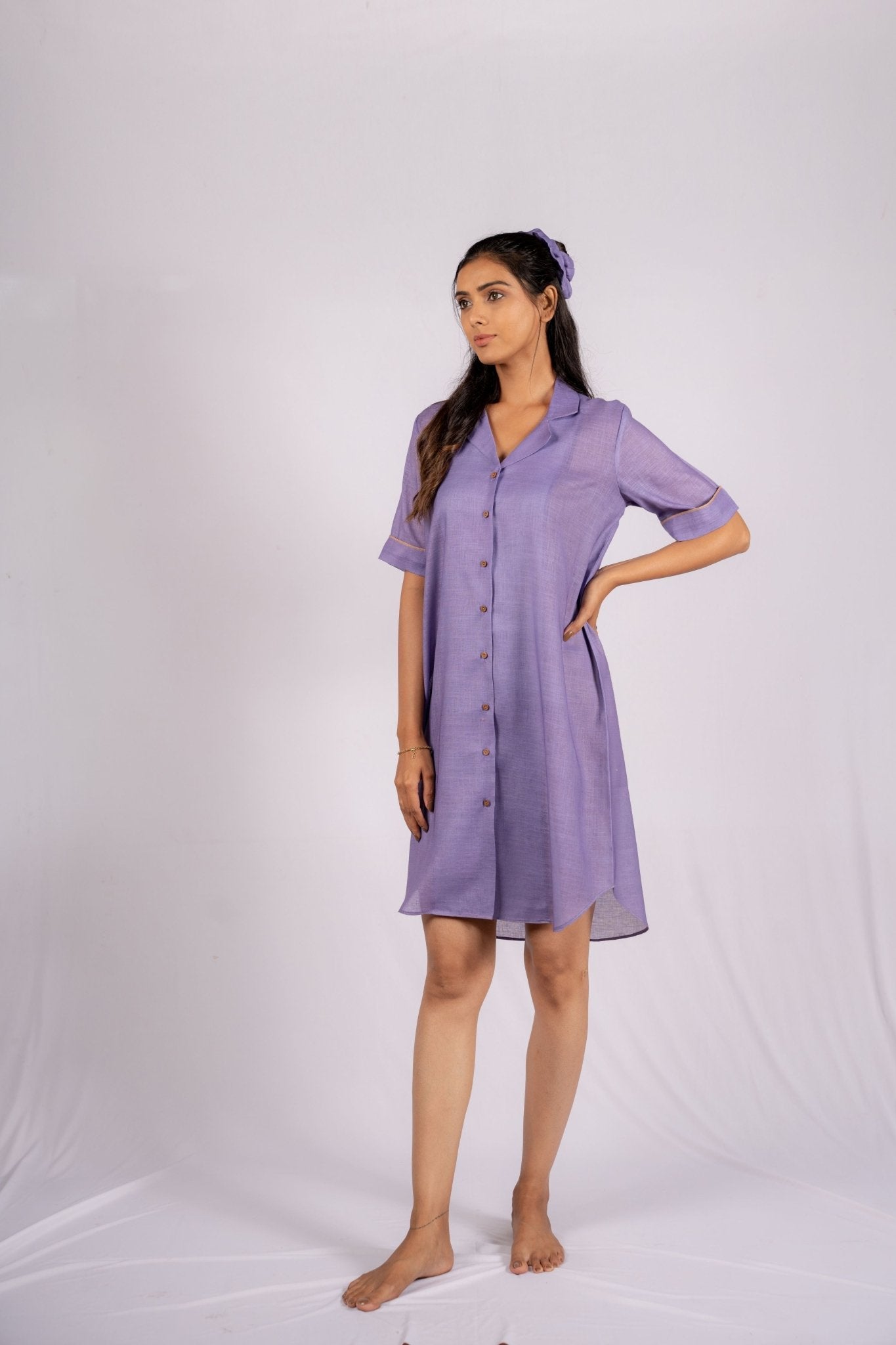 Amethyst Violet Linen Shirt Dress with Wooden Buttons - doeraa