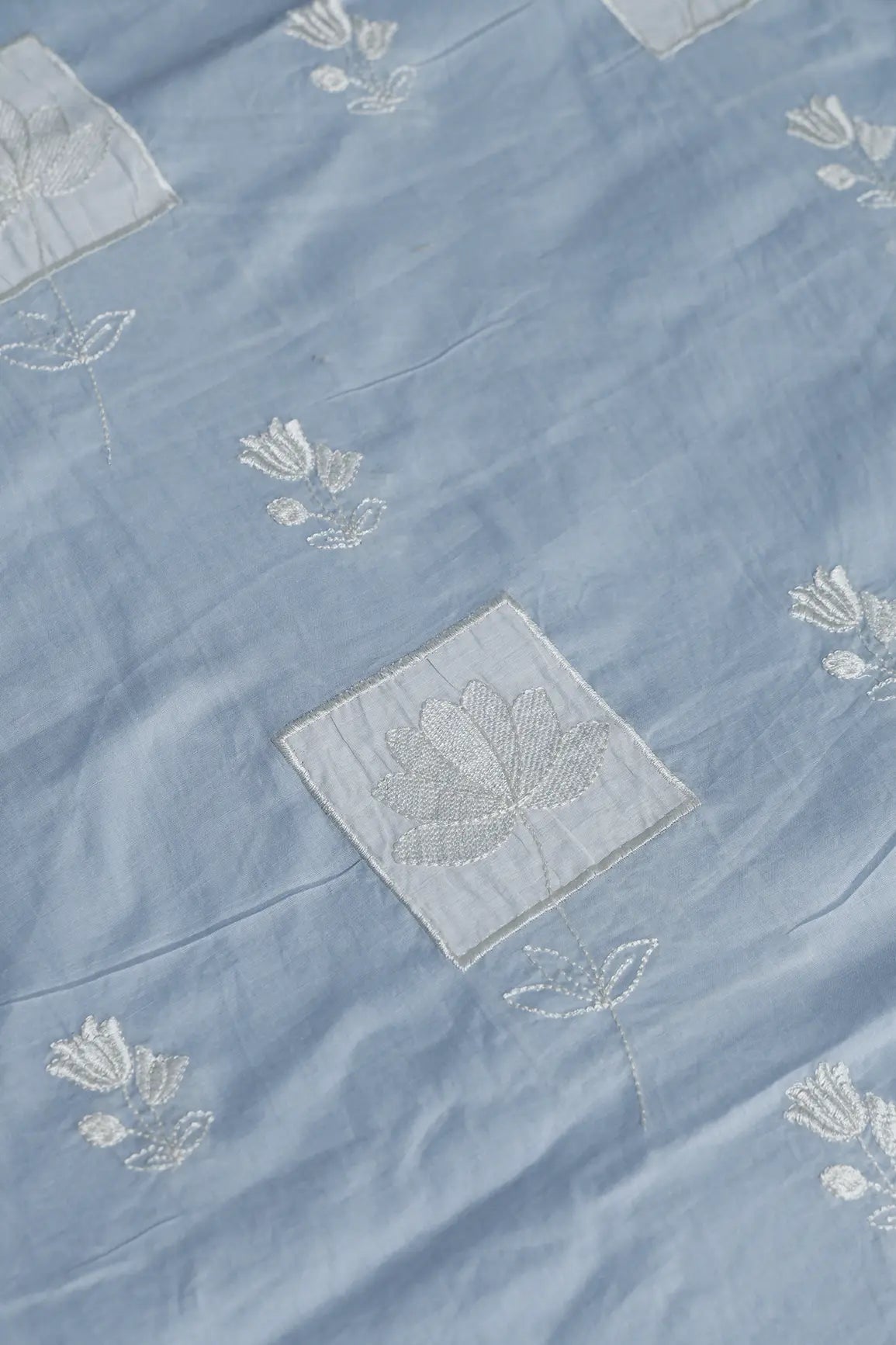 Applique Work Embroidery Design On Pastel Blue Pure Mul Cotton Fabric - doeraa