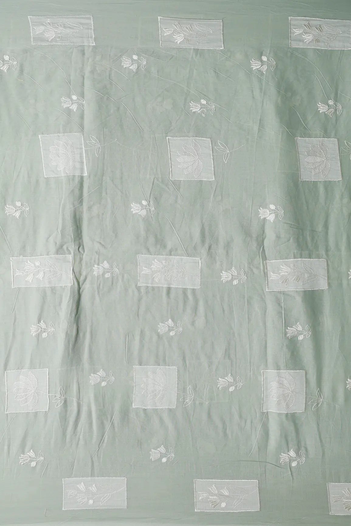 Applique Work Embroidery Design On Pastel Olive Green Pure Mul Cotton Fabric - doeraa