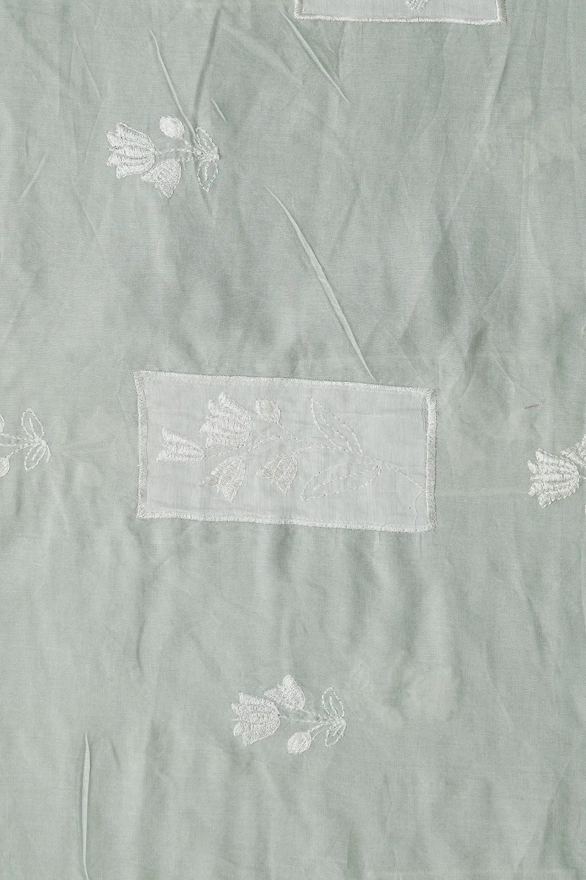 Applique Work Embroidery Design On Pastel Olive Green Pure Mul Cotton Fabric - doeraa