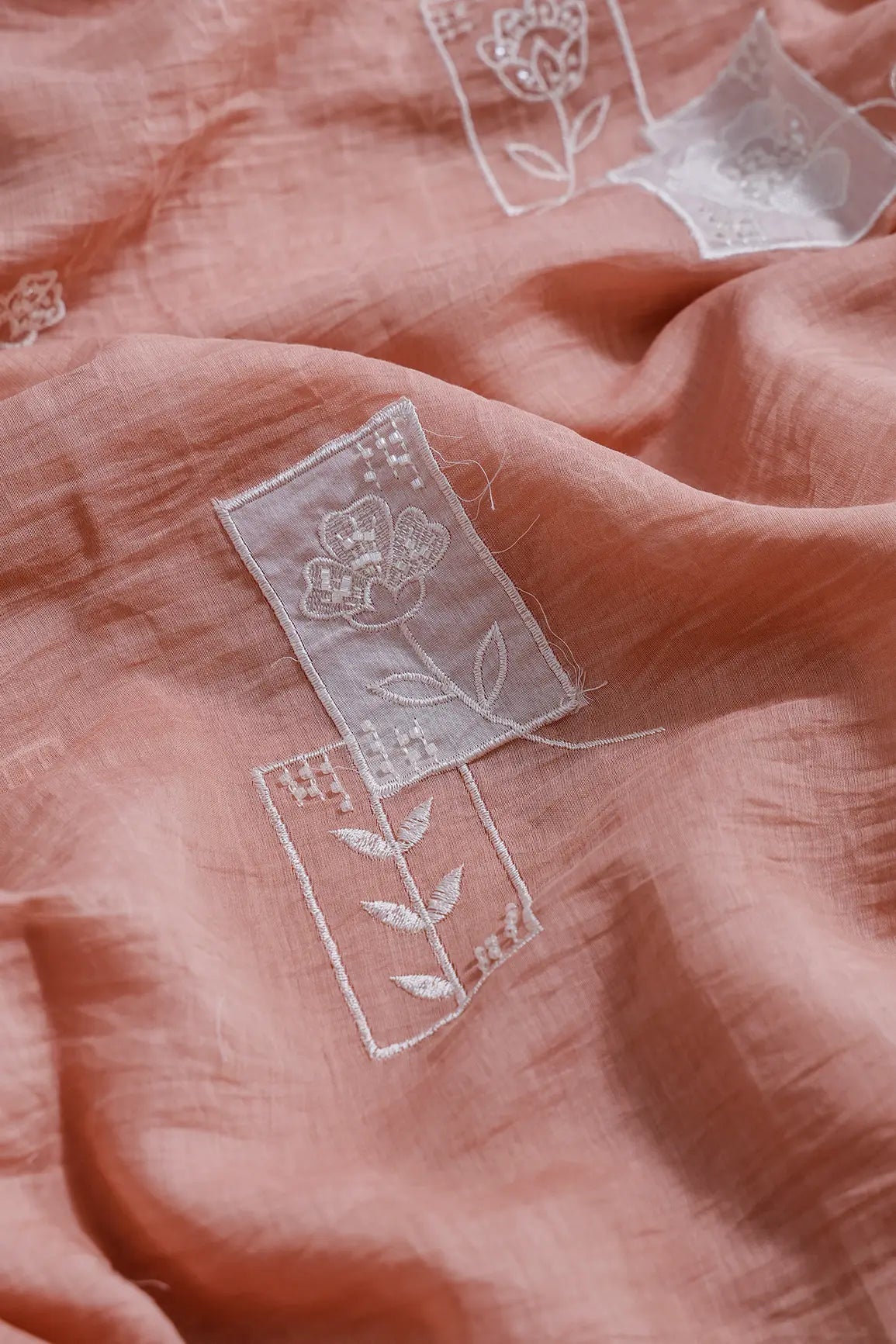 Applique Work With Beads Embroidery Design On Gajri Pure Mul Chanderi Silk Fabric - doeraa