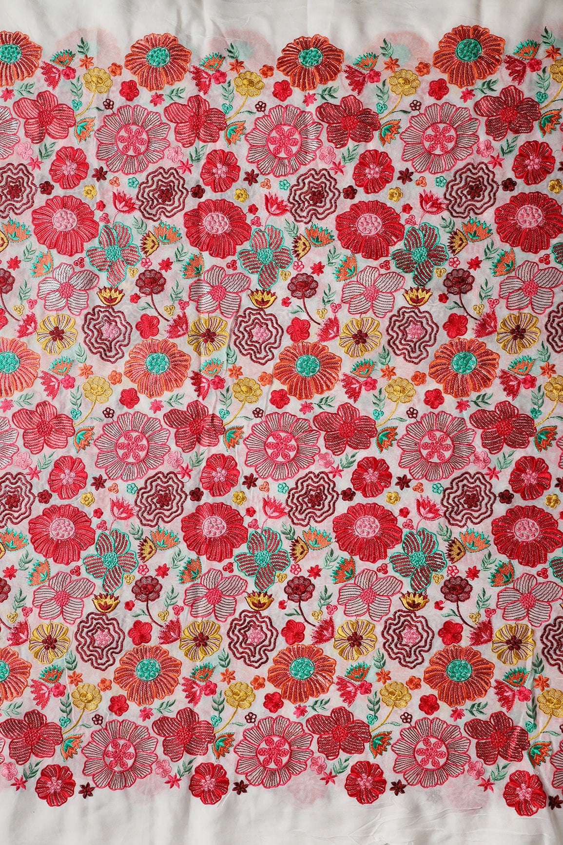 Attractive Multi Color Thread With Sequins Floral Embroidery On White Viscose Georgette Fabric - doeraa