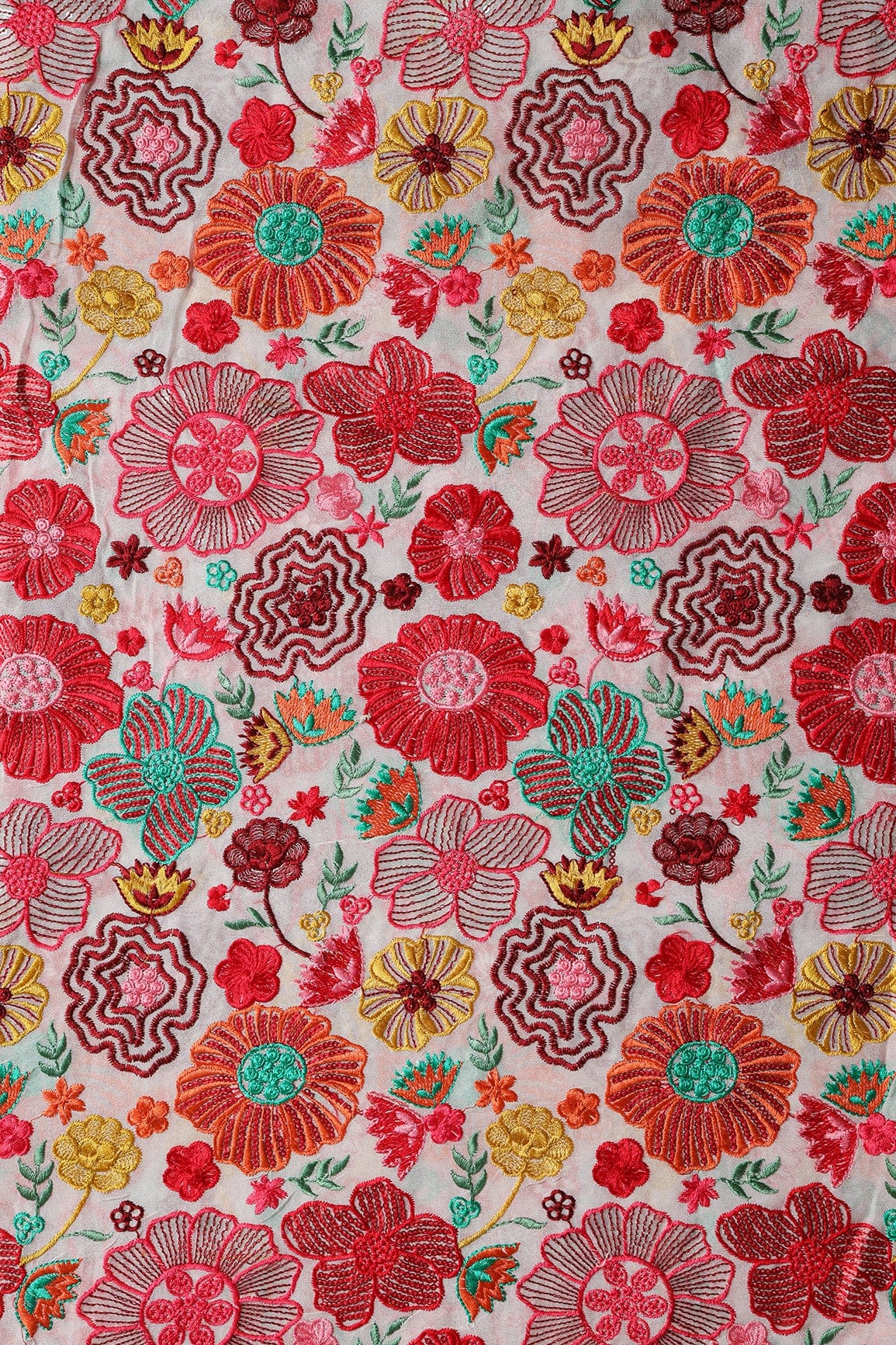 Attractive Multi Color Thread With Sequins Floral Embroidery On White Viscose Georgette Fabric - doeraa