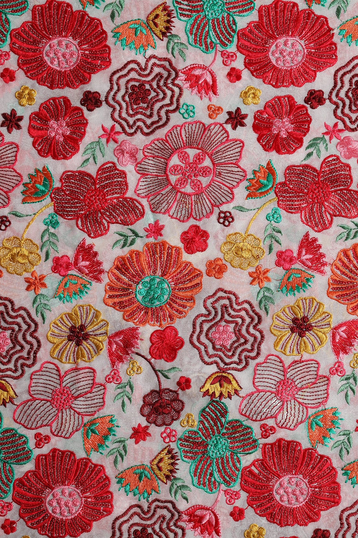 Attractive Multi Color Thread With Sequins Floral Embroidery On White Viscose Georgette Fabric - doeraa